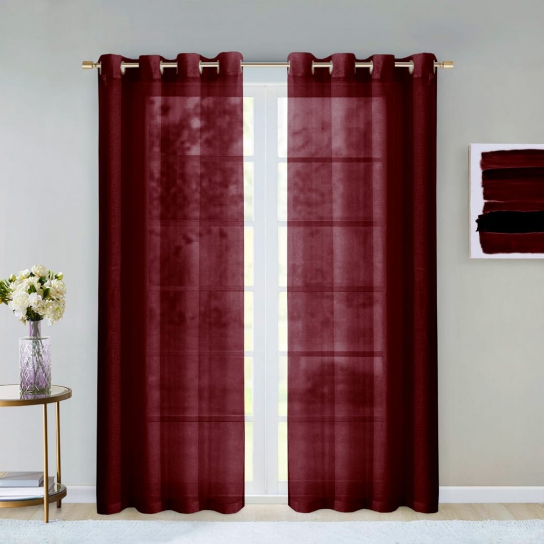 HomeRoots 4000473388 84-Inches Burgundy Semi-sheer Standard lined Grommet Single curtain panel
