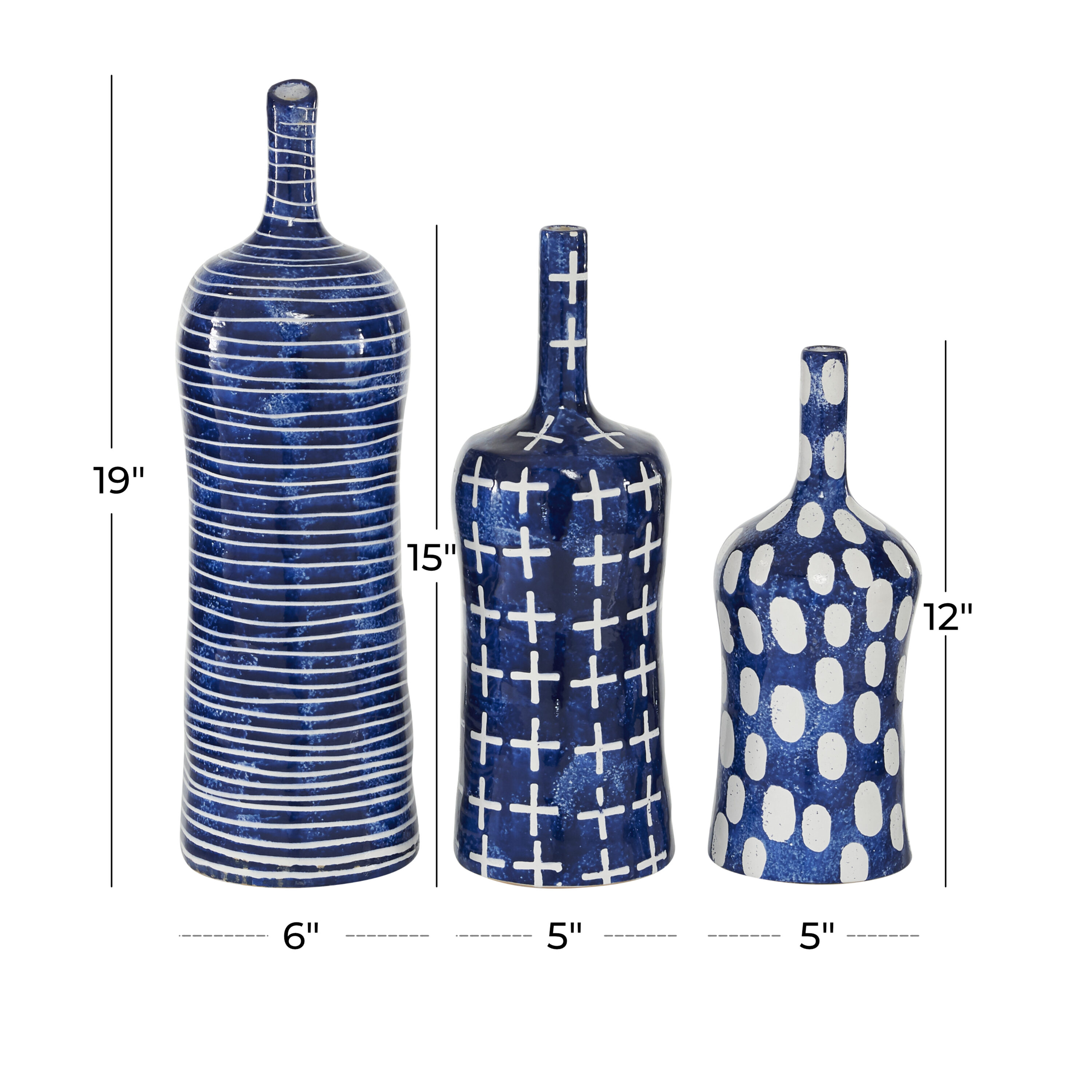 Blue and White Ceramic Bottle-Shaped Table Vase Set of Three