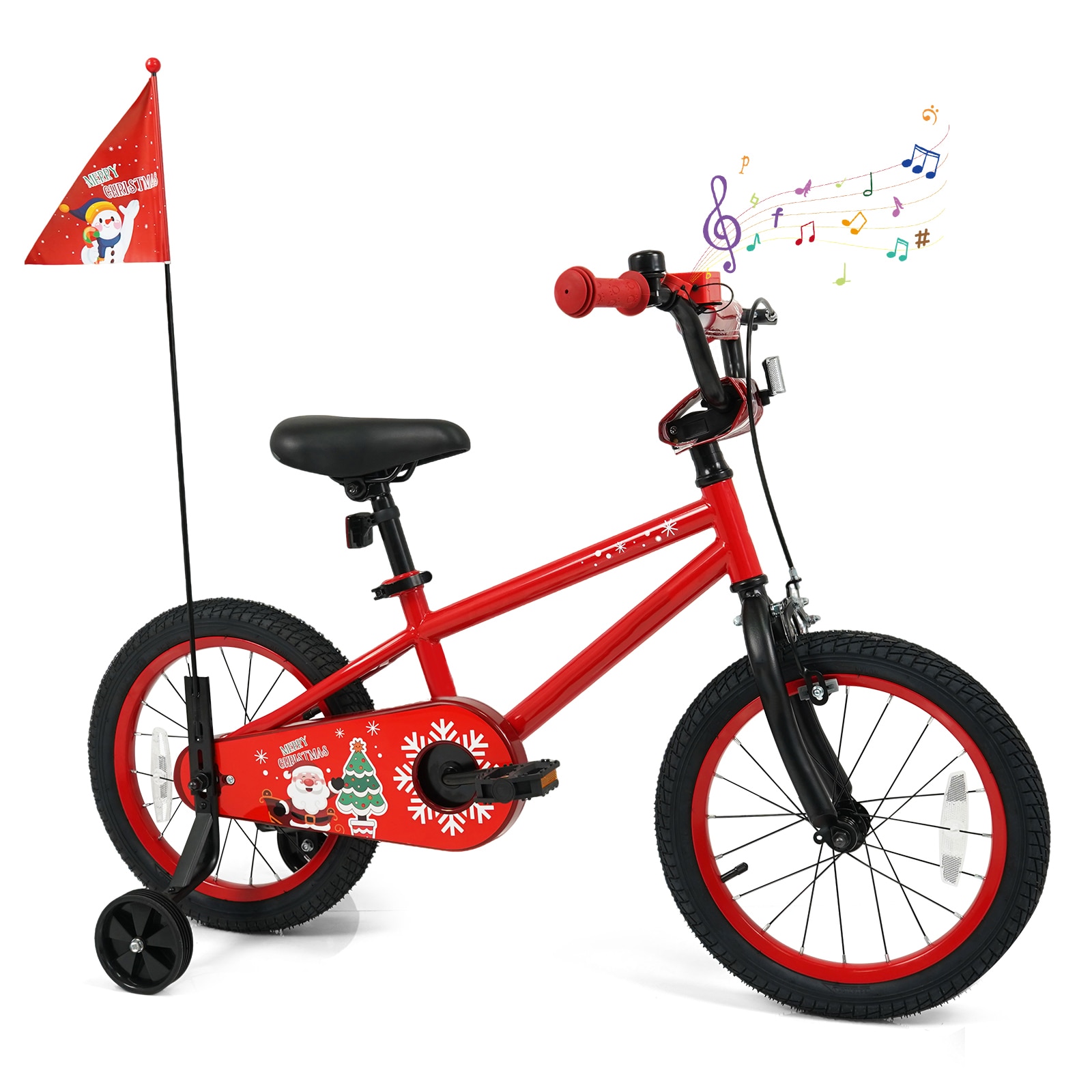 Slickblue Adjustable Kids Bike with Training Wheels Triple Brakes and Festive Christmas Audio