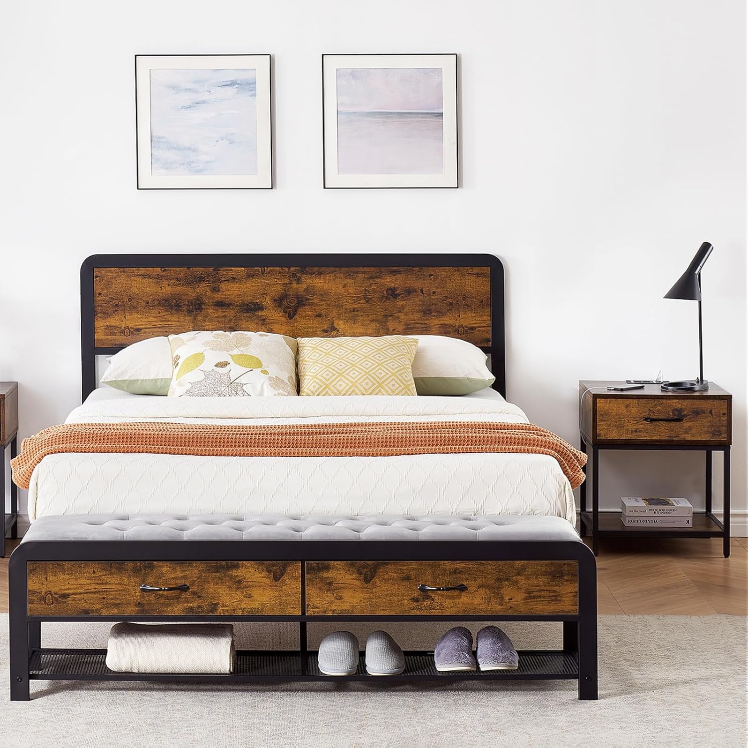 GarveeLife - Queen Platform Bed Frame with Ottoman Storage/ Vintage Wood Headboard/ Metal Support...