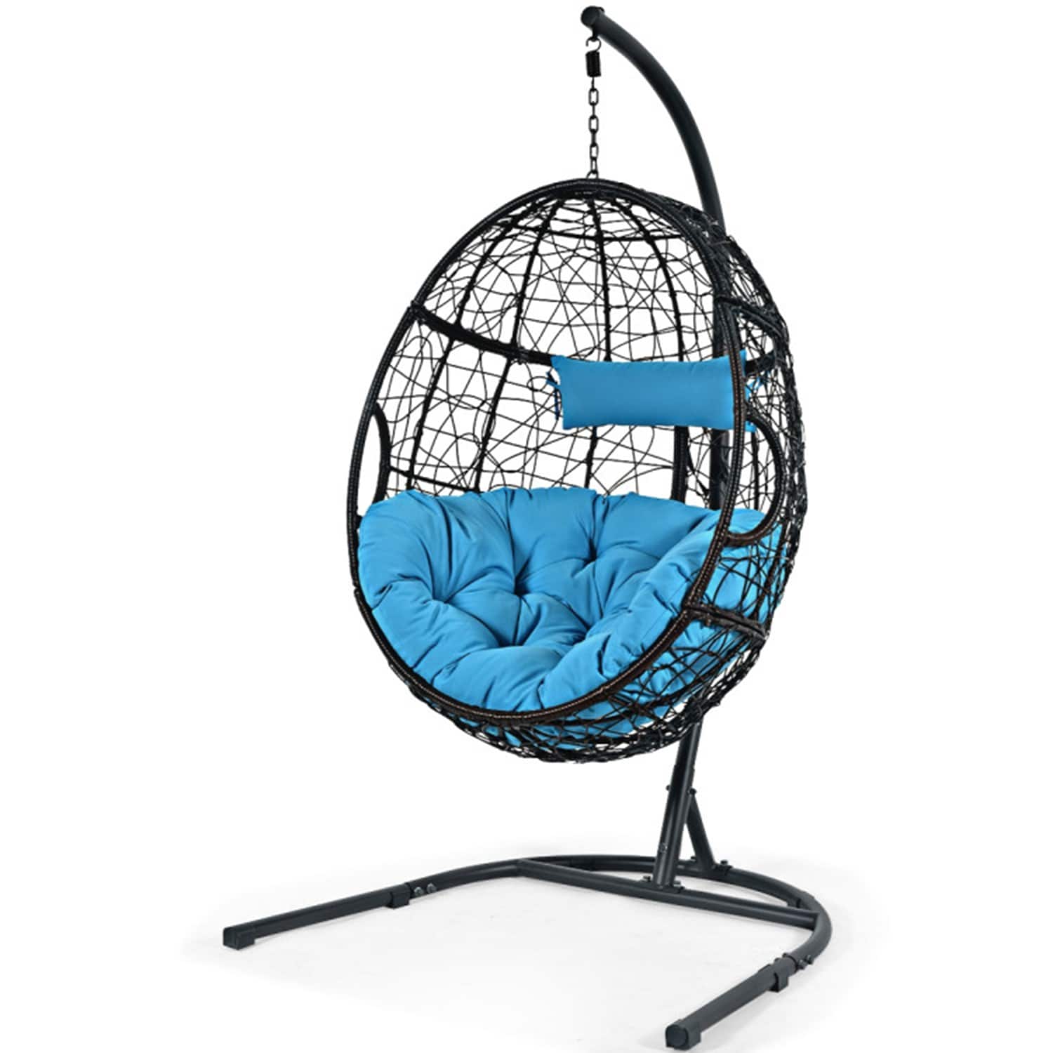 Mondawe MO-OP70424TU Indoor and Outdoor Hanging Cushioned Egg Chair with Stand Black Steel Frame Hanging Egg Chair with Blue Cushioned Seat