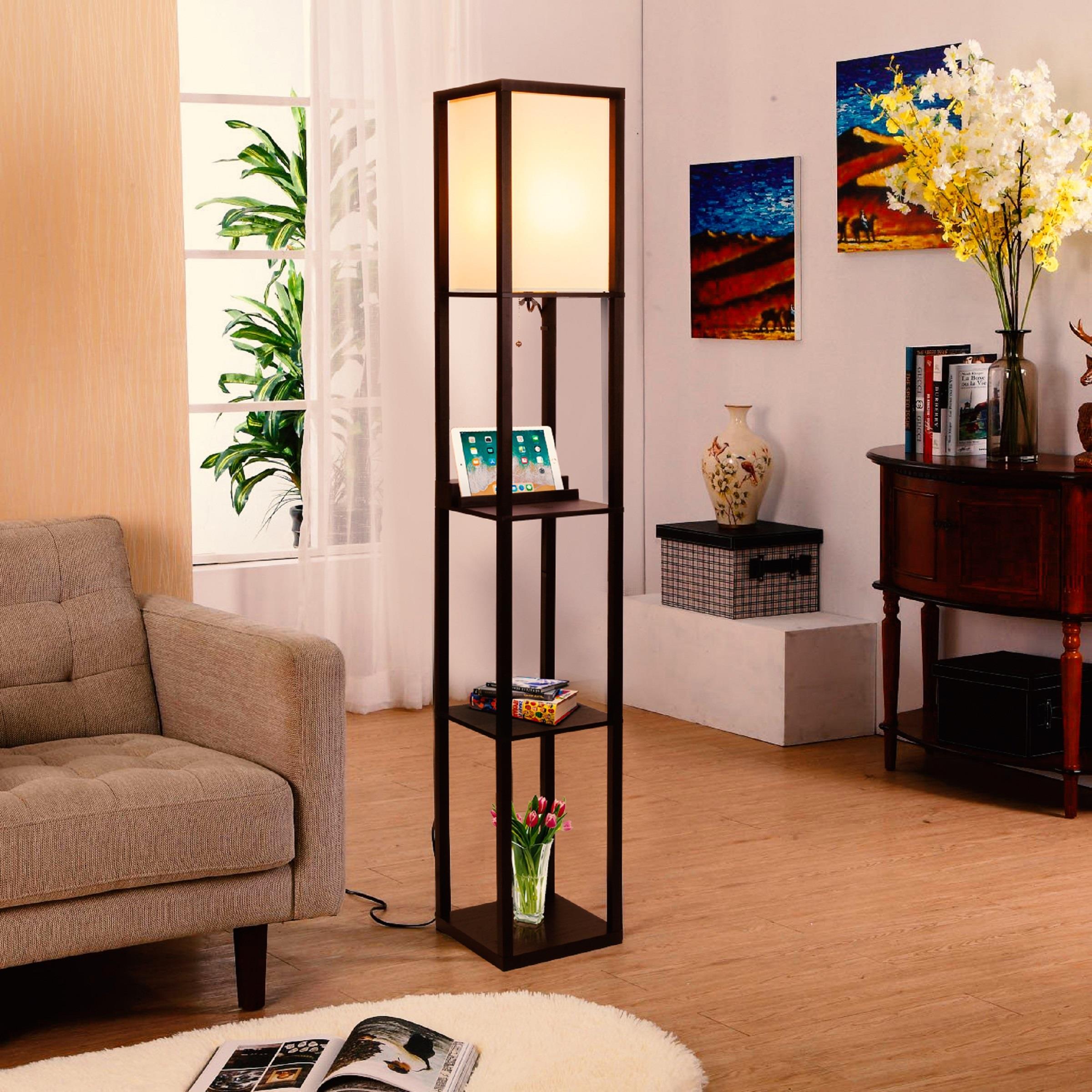 Brightech 3P-2UPC-9RVE 63-in Havana Brown Shelf Floor Lamp with Fabric Shade