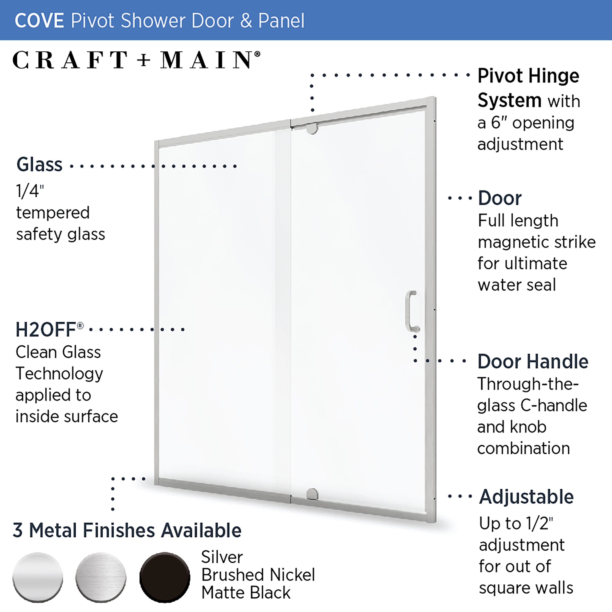 CRAFT + MAIN Cove Brushed Nickel 42-in W x 69-in H Semi-frameless