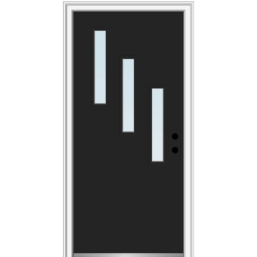 MMI DOOR ZZ349305L Spotlights 32-in x 80-in x 6-9/16-in Fiberglass Pulse lite Left-hand inswing Black Painted Prehung Front Door with Brickmould Insulating core