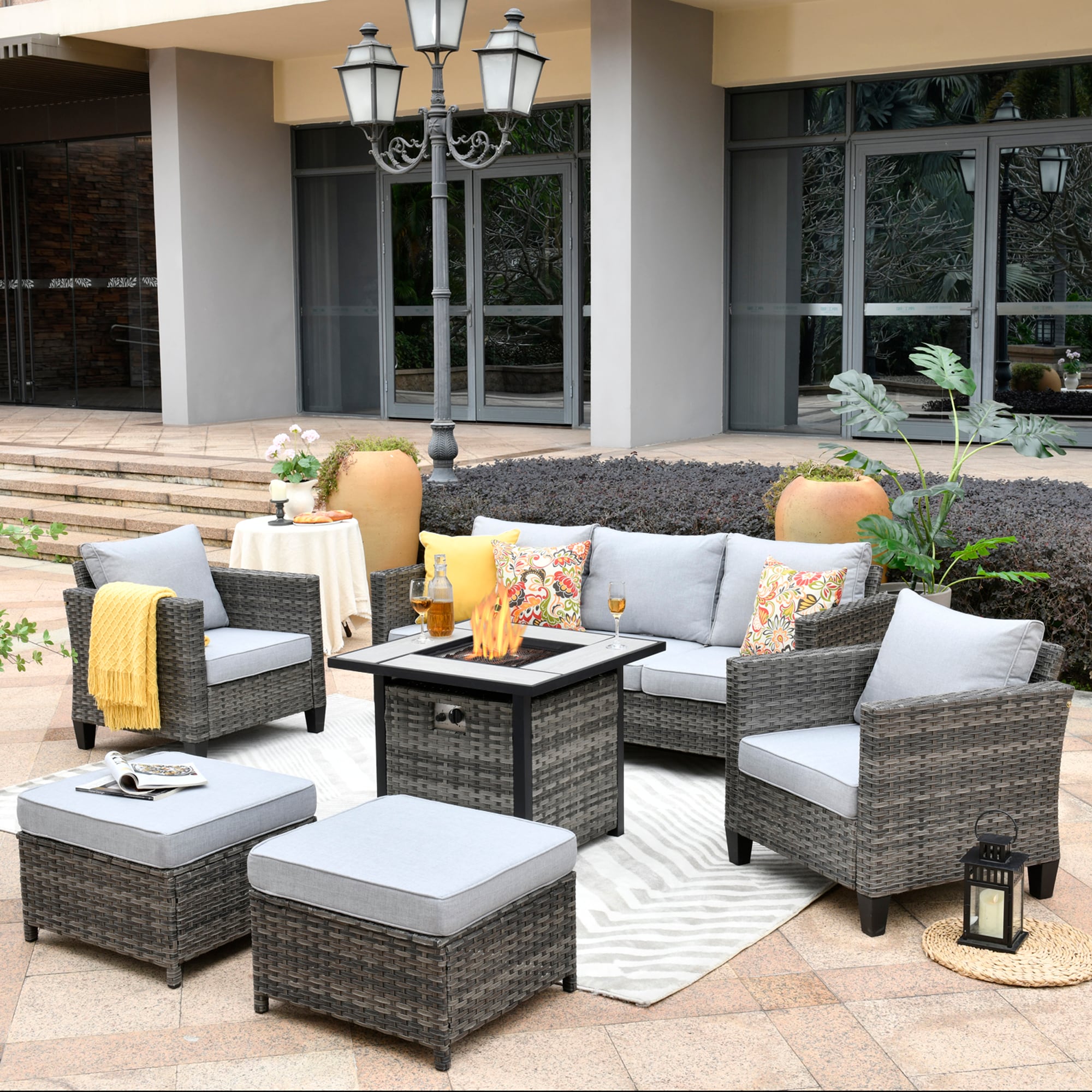 Pouuin SFPGRS706 6 -Piece Rattan Patio Sofa Conversation Set with Gray Olefin Cushions