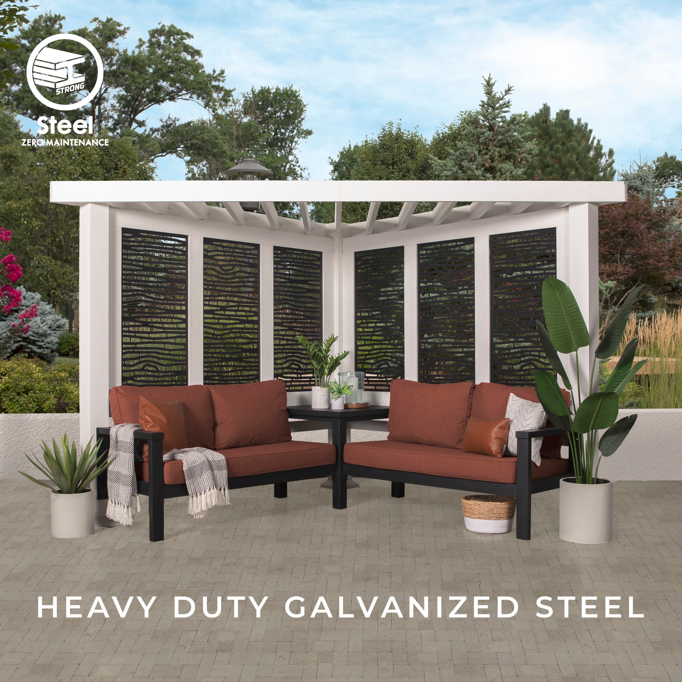 Ridgedale White Metal Cabana Pergola with Terracotta Seating