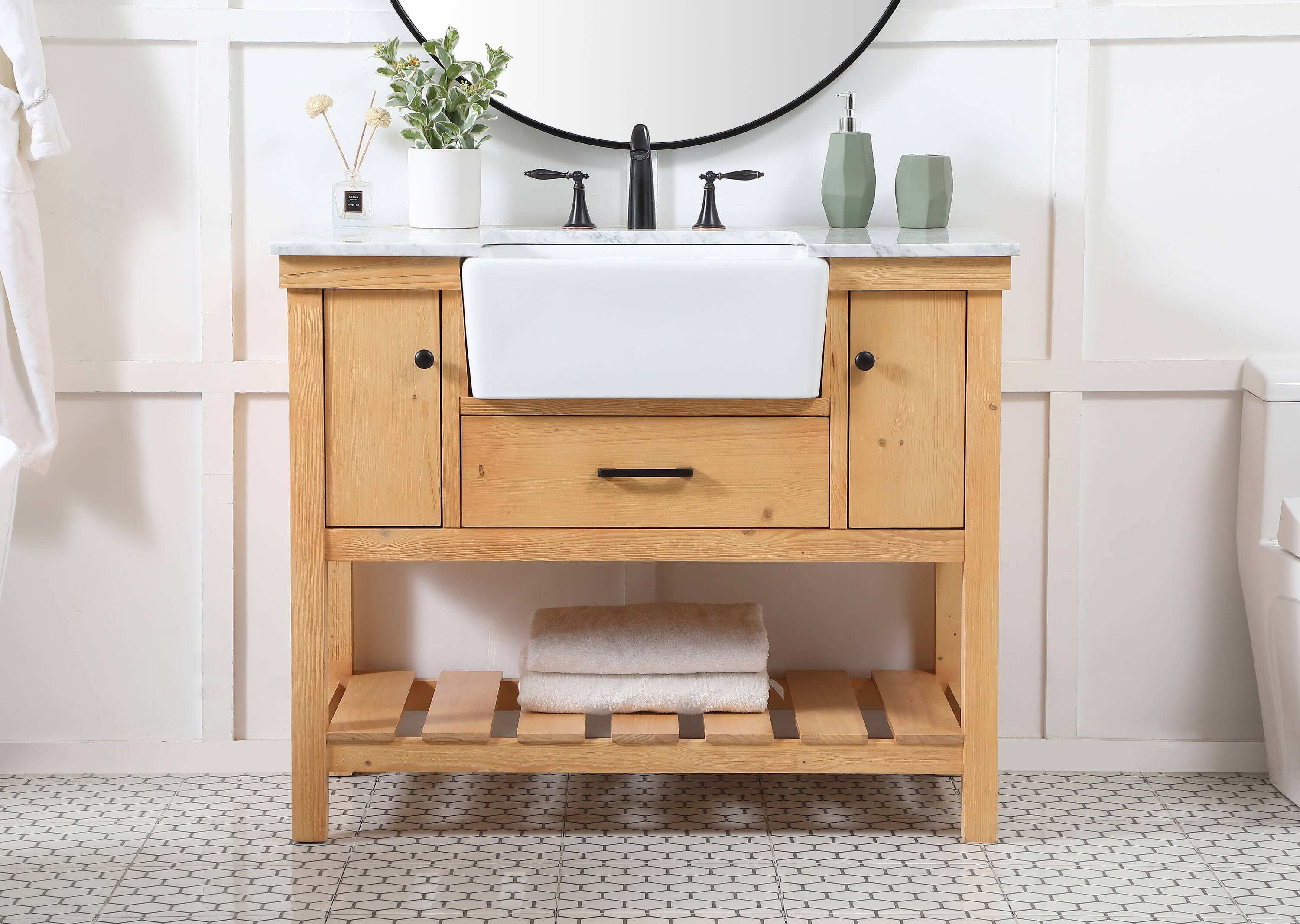 Natural Wood Single Sink Vanity with White Marble Top