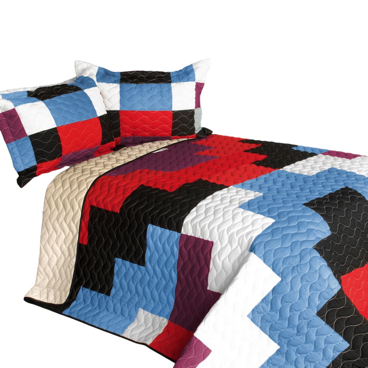 Slickblue 3 Piece Vermicelli Quilt Set Full/Queen Reversible TC Fabric Patchwork Bedding Set for Bedroom or Guest Room Use - Pink/Red