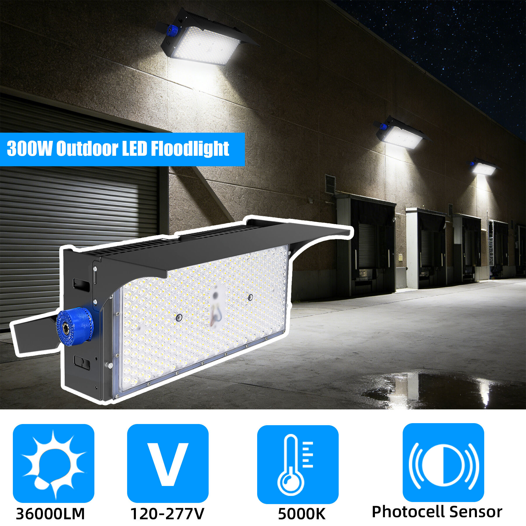Bieuoram 300W Flood Light Parking Lot LED Area Light 5000K Warm White Dusk to Dawn 39000 Lumens Stadium Lights Outdoor LED Commercial Arena Lighting for Yard Sport Fields Court
