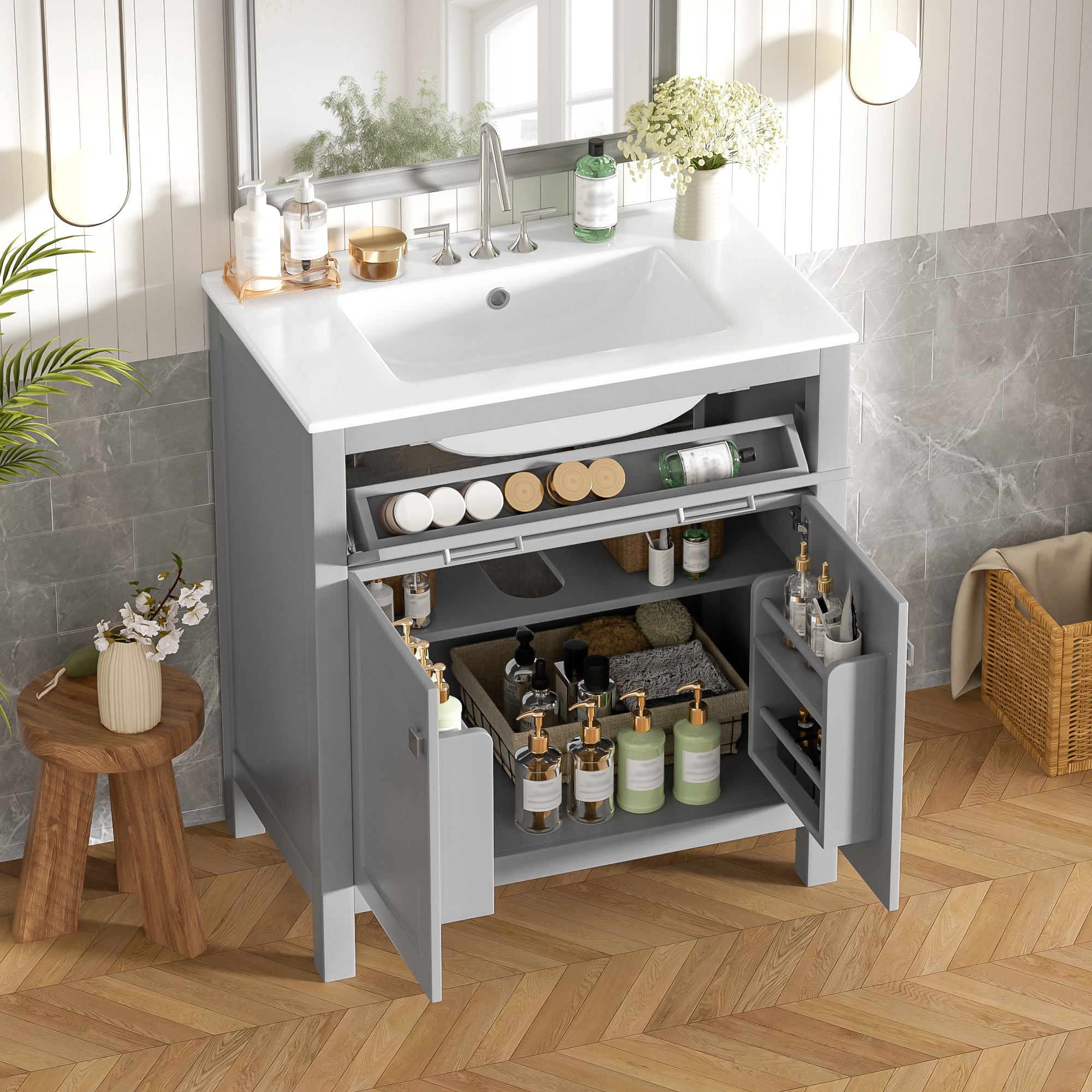 Afoxsos 30 inch Gray Bathroom Vanity with Ceramic Sink Two Soft Close Doors U Shaped Adjustable Shelf Flip Out Drawer 30 x 18.3 x 33.59 in