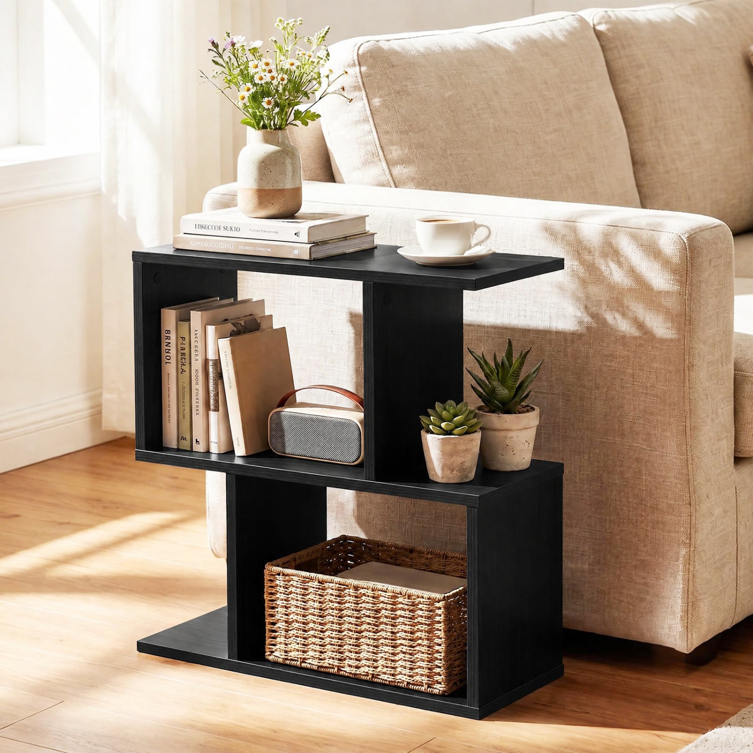 SUGIFT Black Composite 3-Shelf Standard Bookcase Set of 2 Geometric ...