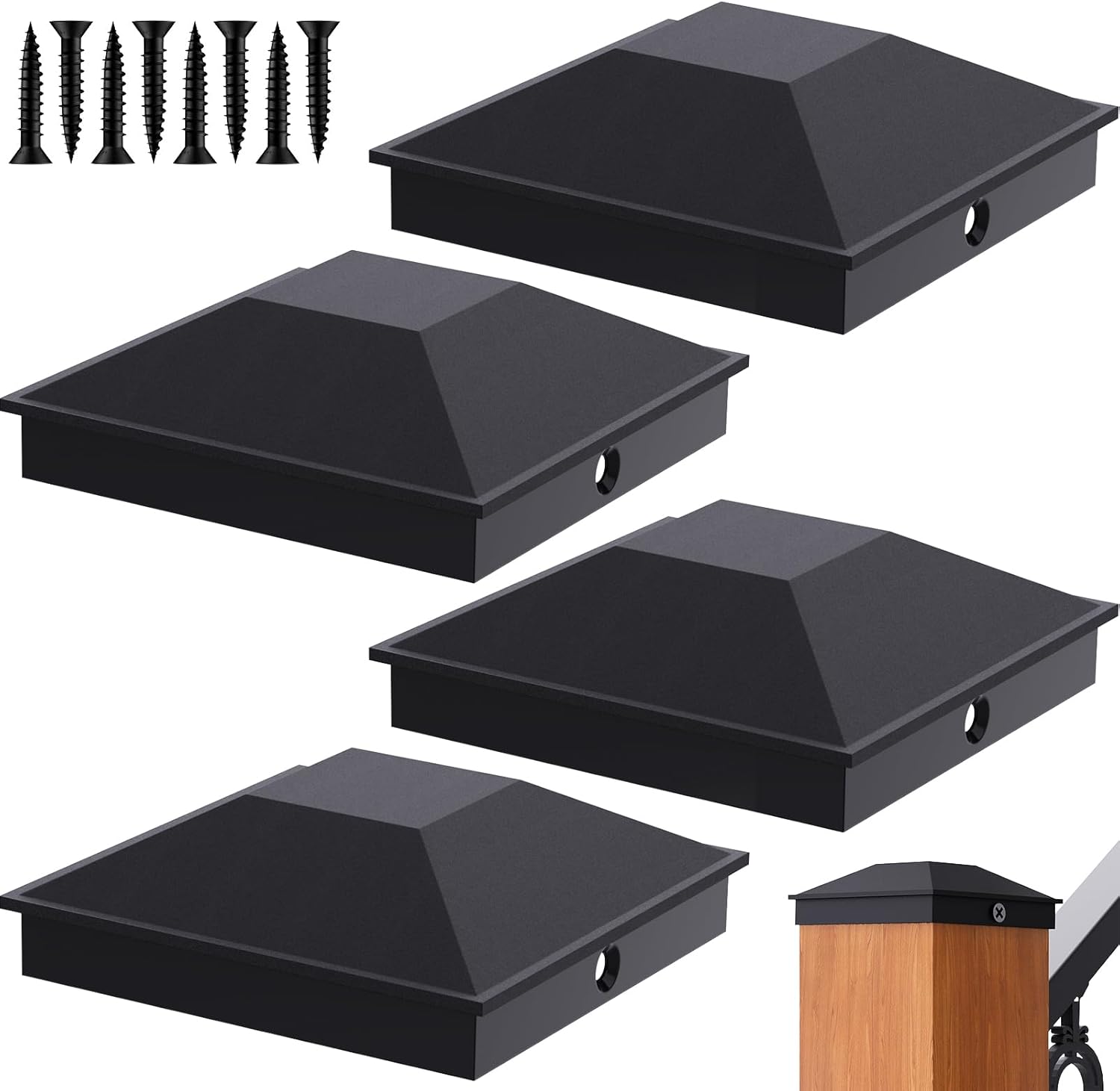 Etokfoks  6x6 Wood Fence Post Caps 4 Pack 5 6 Inch Waterproof Black Frosted PP Plastic Deck Railing Covers with Screws and Spare Accessories