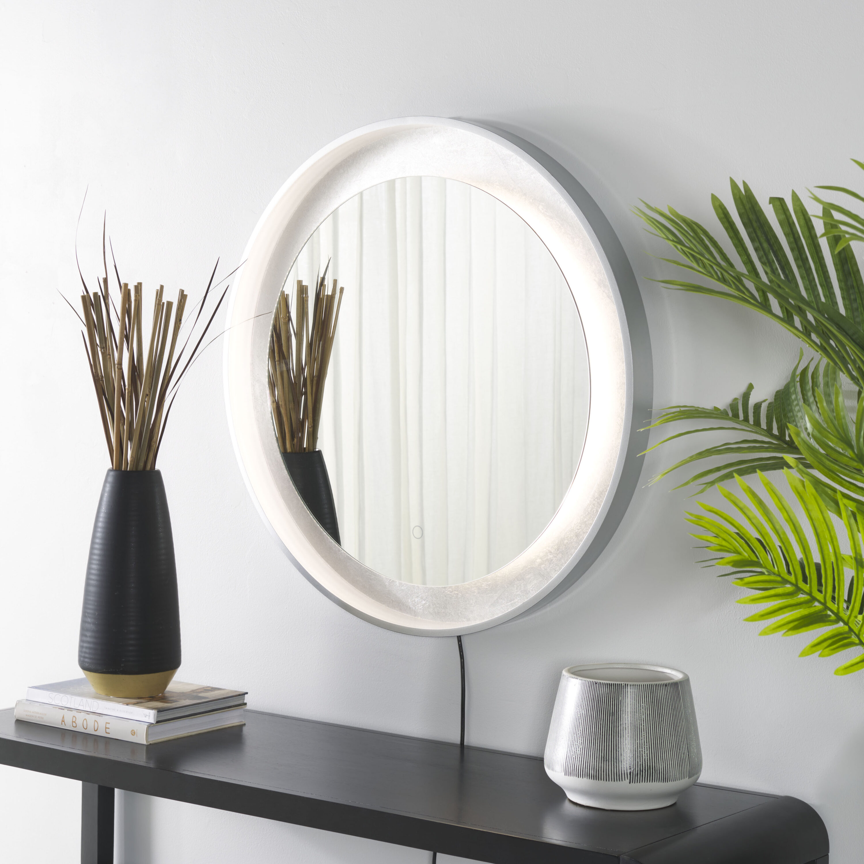 Safavieh LMR1014A Erdem 30 W x 30 H Round Silver Gray/Silver Leaf Framed Lighted Wall Mirror
