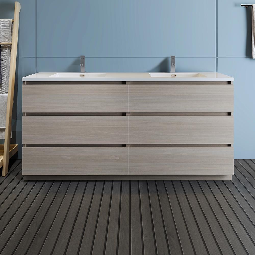Gray Wood 72" Freestanding Double Sink Bathroom Vanity with Acrylic Top