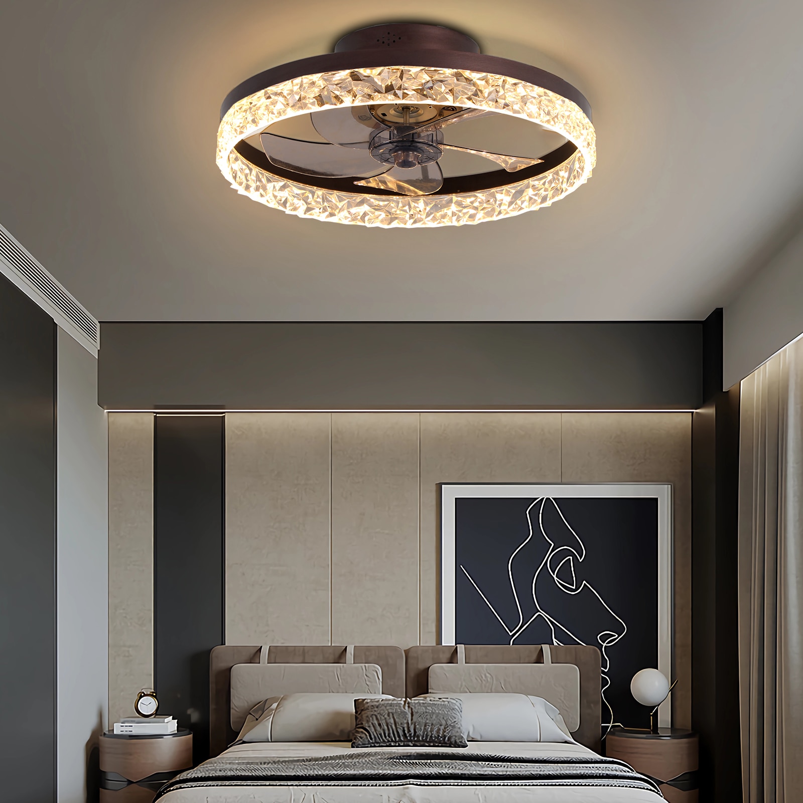 WELLFOR AMHEM-03BK 20-in Color-Changing Integrated LED Flush Mount Brown and Crystal with Clear Blades Fandelier Ceiling Fan With Light - Remote Included ( 5 -Blade )