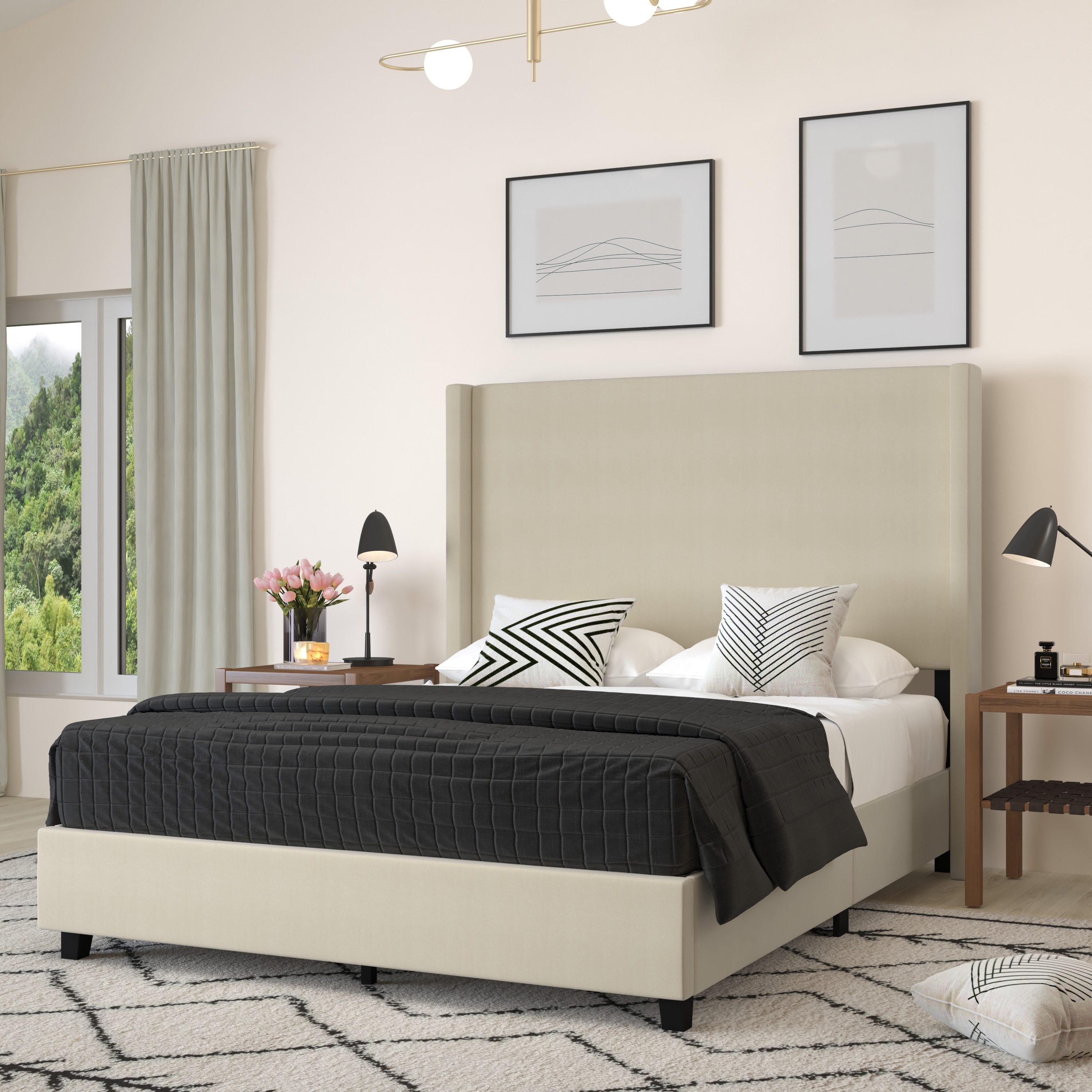 Merrick Lane - Bramlett Modern Queen Size Platform Bed Frame with Padded Faux Linen Upholstered W...