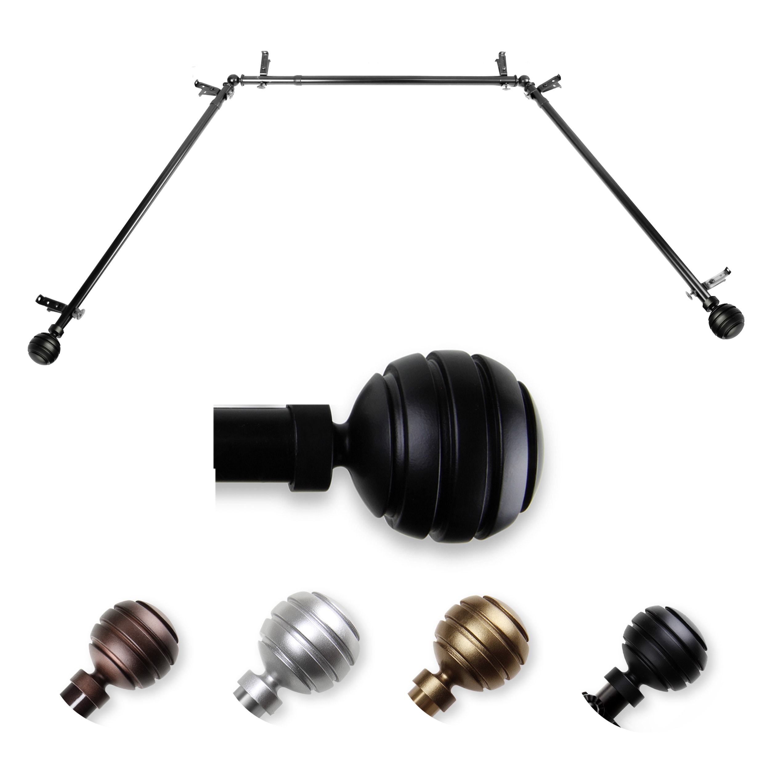 Hart & Harlow LO-ABAY-91-2 72-in to 144-in Black Steel Bay window curtain rod with Finials