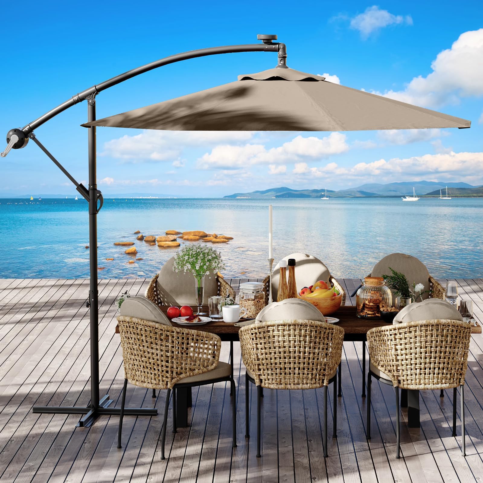 10ft outdoor patio sun shade umbrella cantilever GarveeLife 10FT Cantilever Outdoor Patio Umbrella with Cross Base Easy  Crank Lift and Infinite Tilt Adjustment UV Protection Fade Resistant Canopy  for Deck Pool Garden Tan in the Patio Umbrellas department at