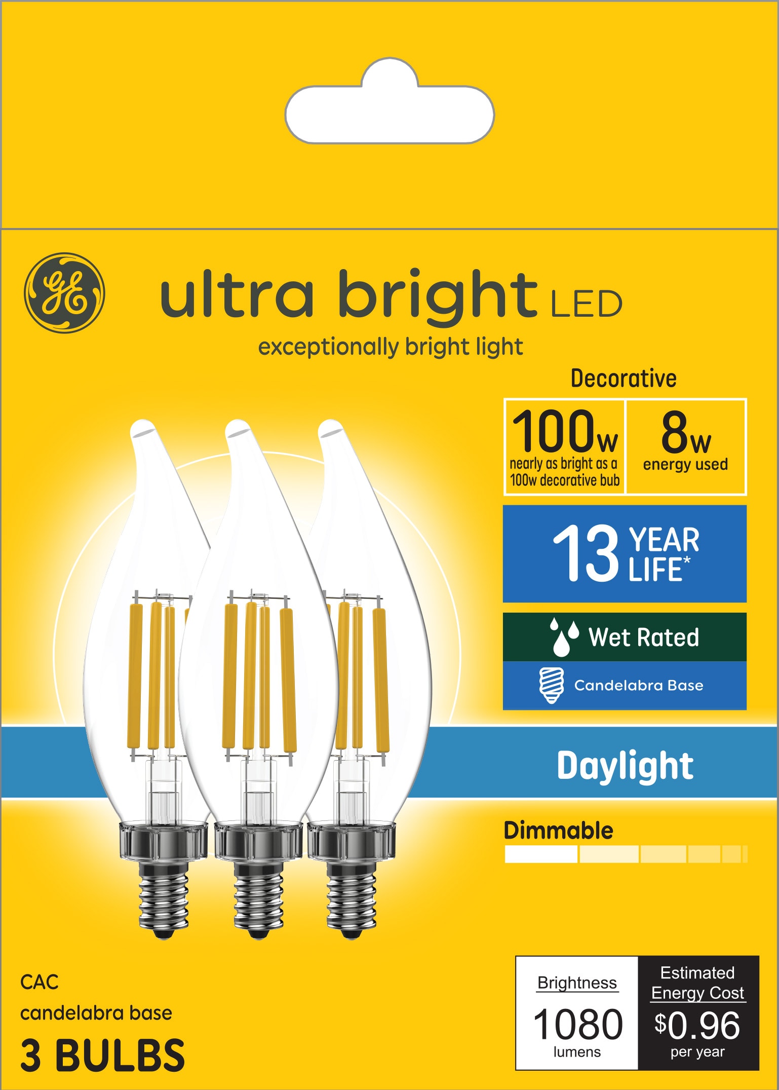 GE Ultra Bright LED 75 Watt EQ CAC Daylight Candelabra Base E 12