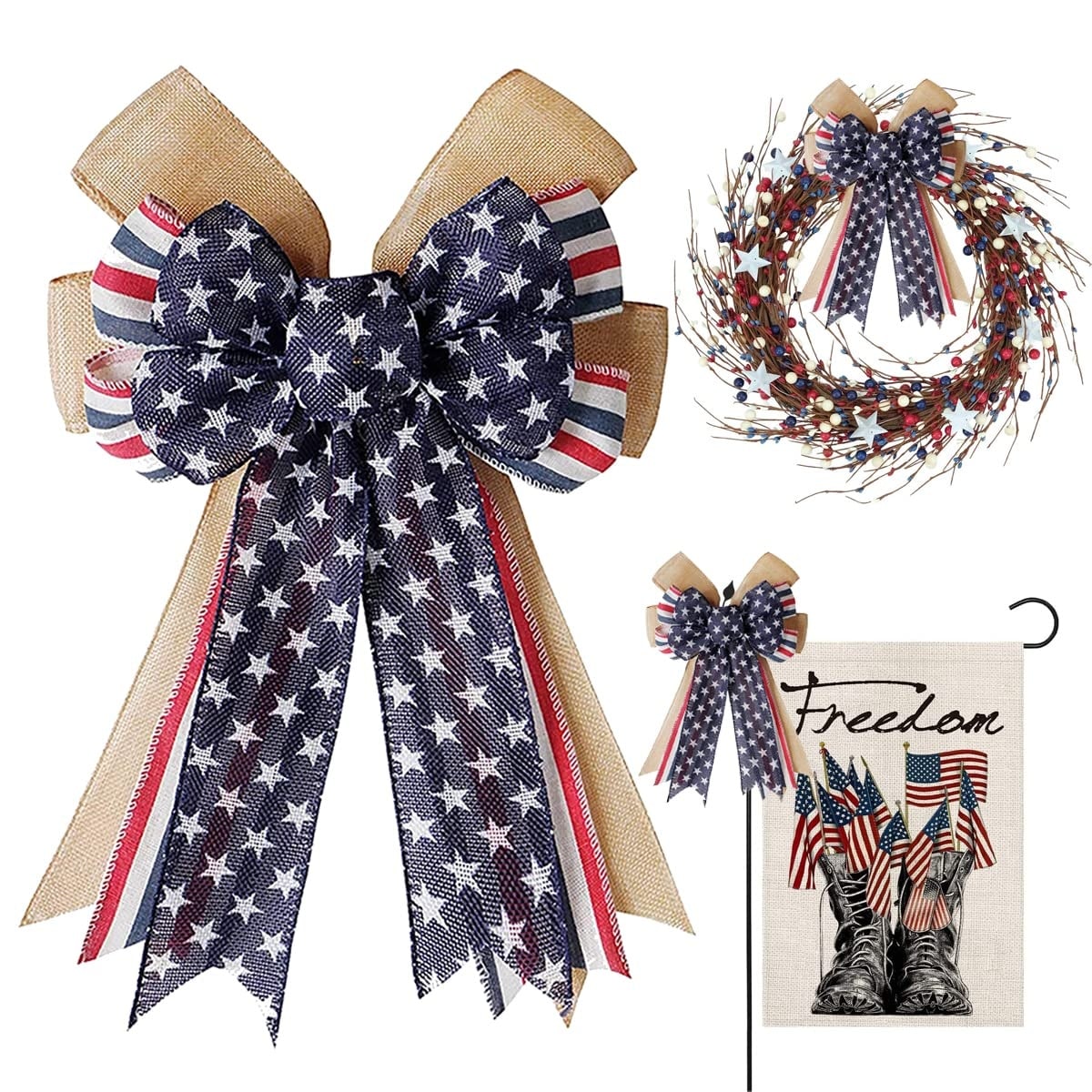 Afoxsos Patriotic Burlap Bow Red White Blue Stripe Stars Large Decorative Bow for Wreaths Front Door Indoor Outdoor 4th of July Memorial Day #G05AF13014