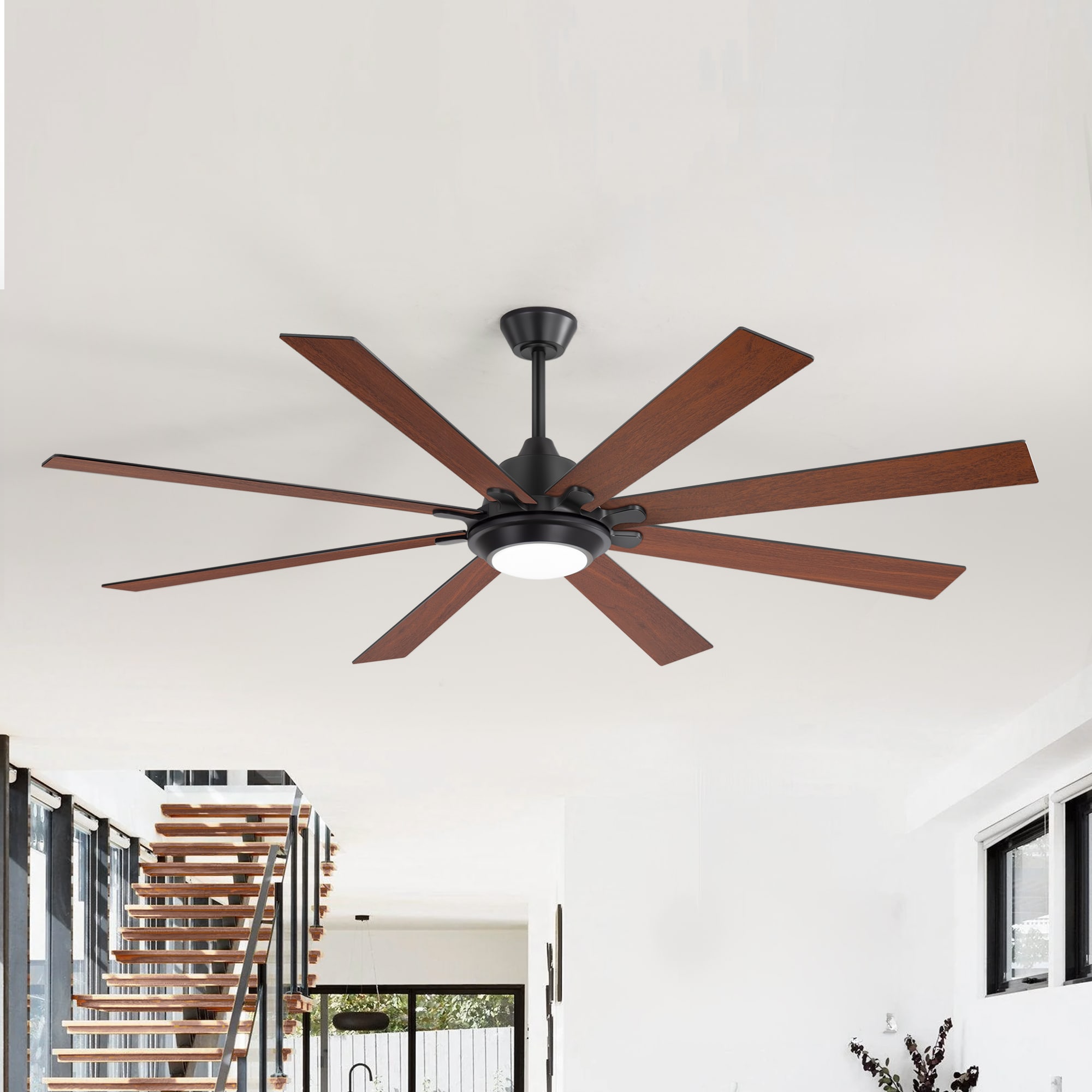 Breezary 30047-BK 72-in Color-Changing Integrated LED Matte Black with Black and Dark Walnut Blades Ceiling Fan With Light - Remote Included ( 8 -Blade )