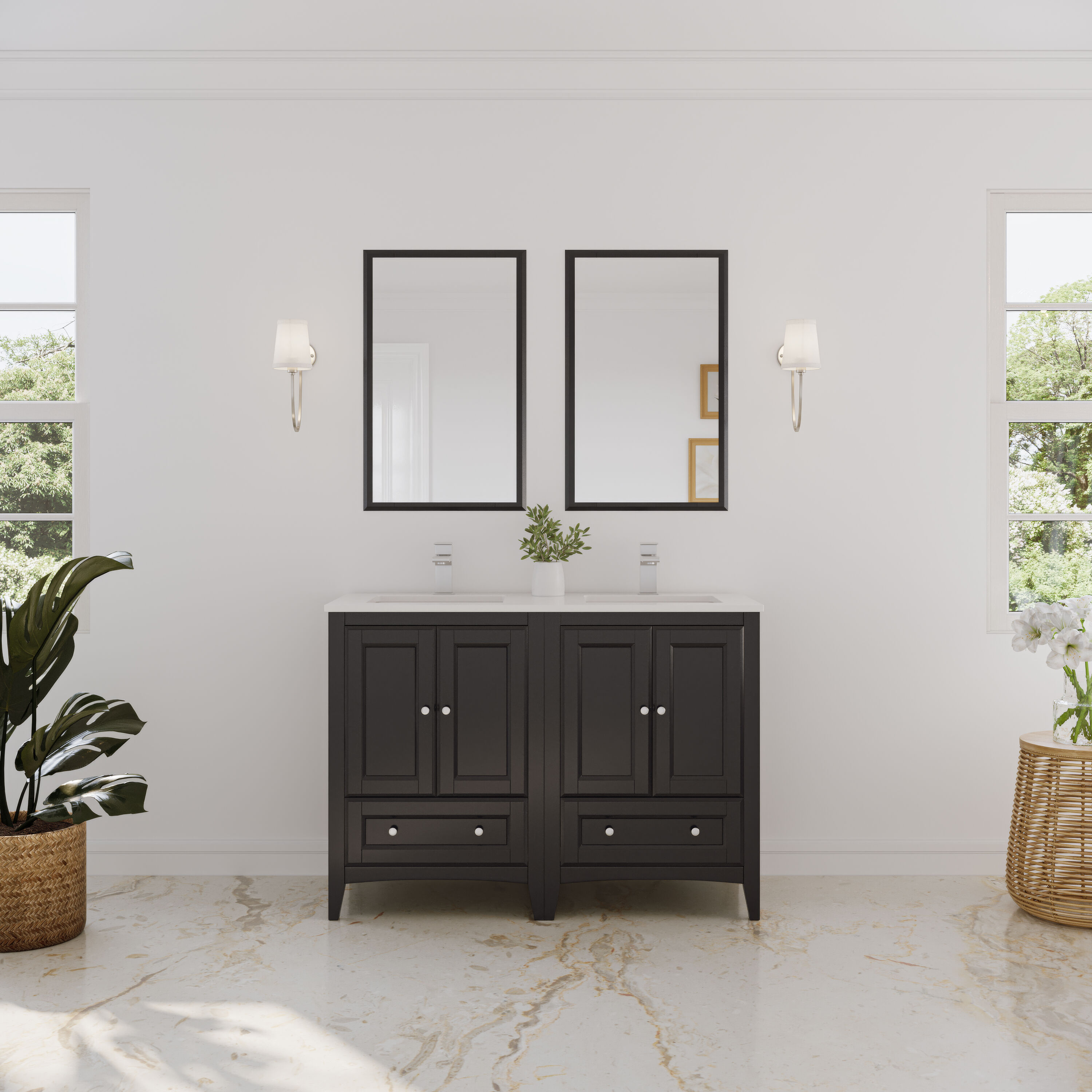 Fresca FVN20-2424ES Oxford 48-in Espresso Undermount Double sink Bathroom Vanity with White Quartz Top (Mirror Included)