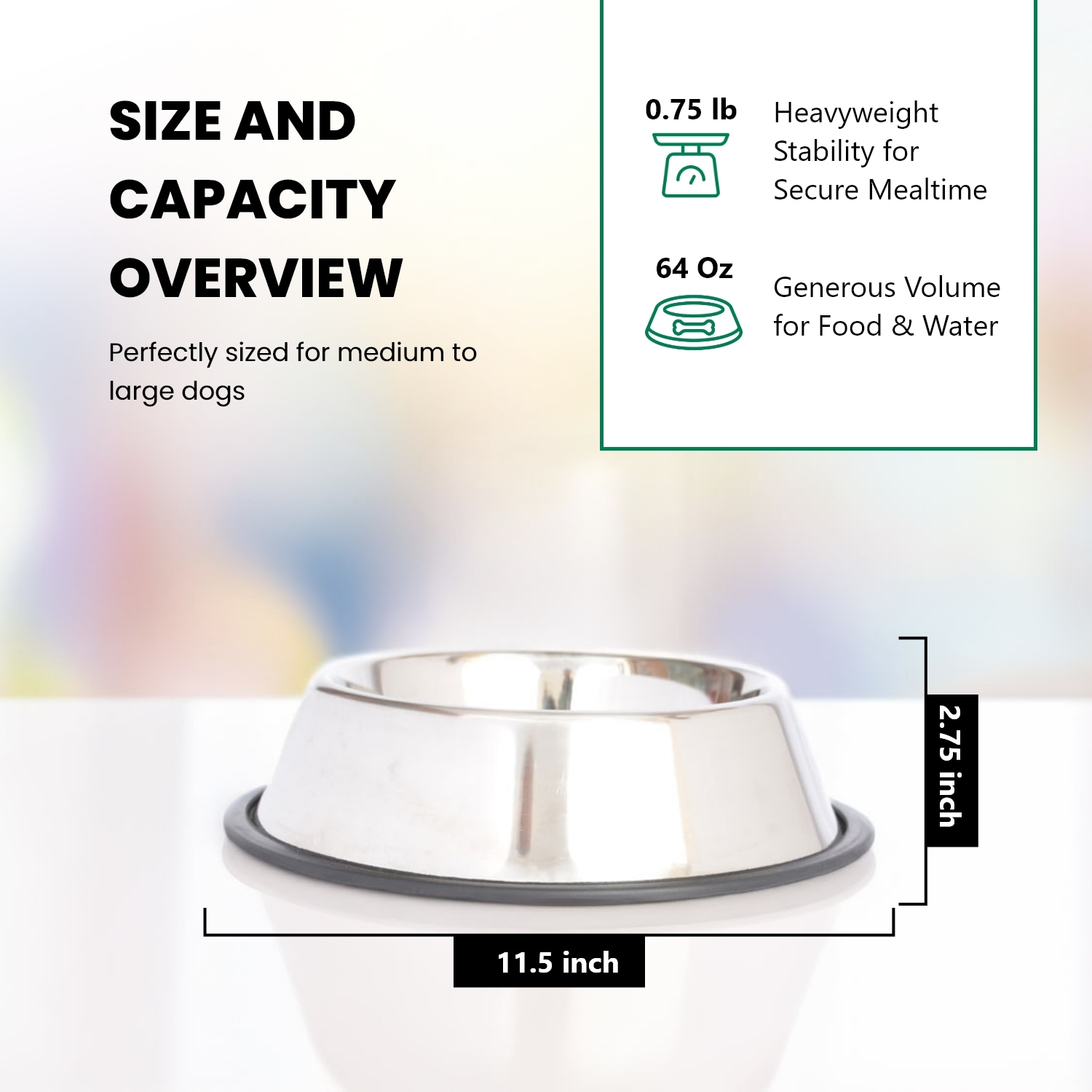 Stainless Steel Non-Skid Pet Bowl with Rubber Base, 64 Oz
