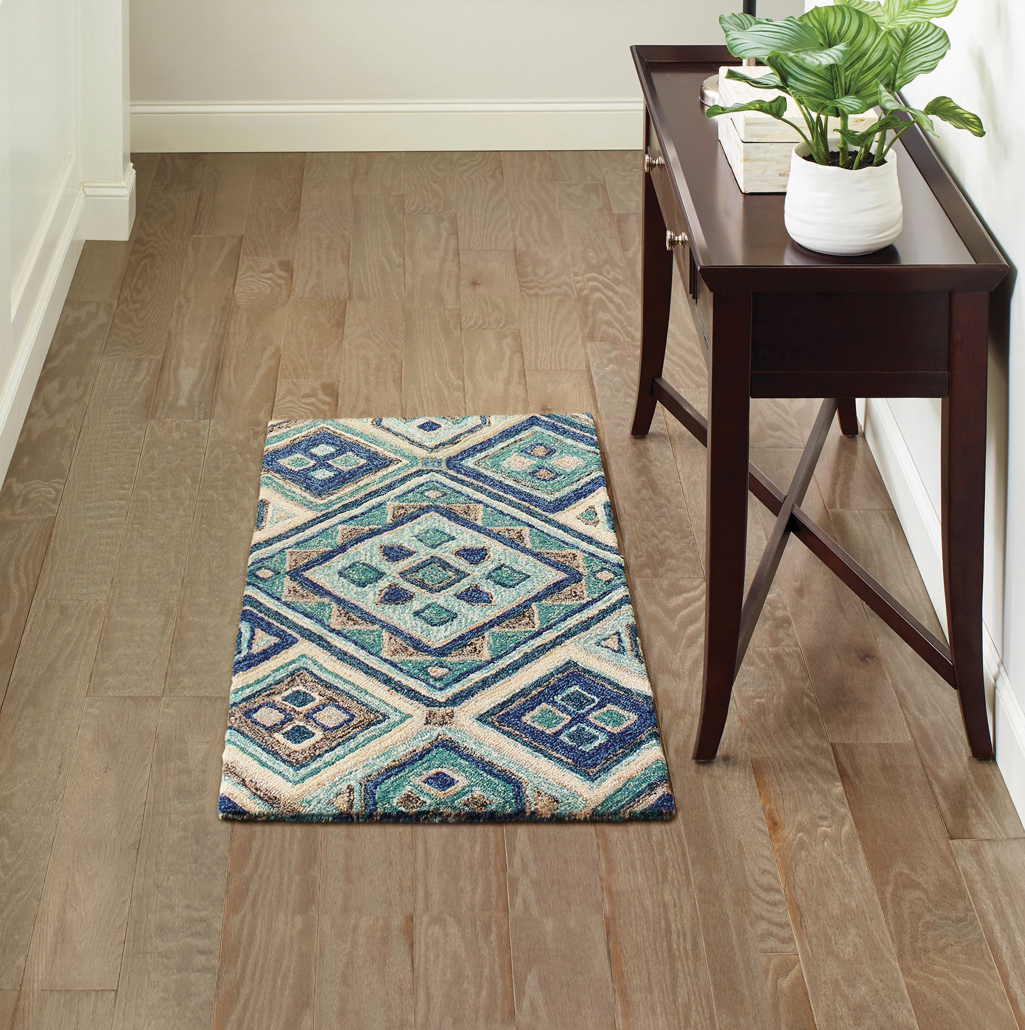 Teal Tiles 2 x 3 Teal Indoor/Outdoor Geometric Throw Rug in Blue | - allen + roth with STAINMASTER 26733