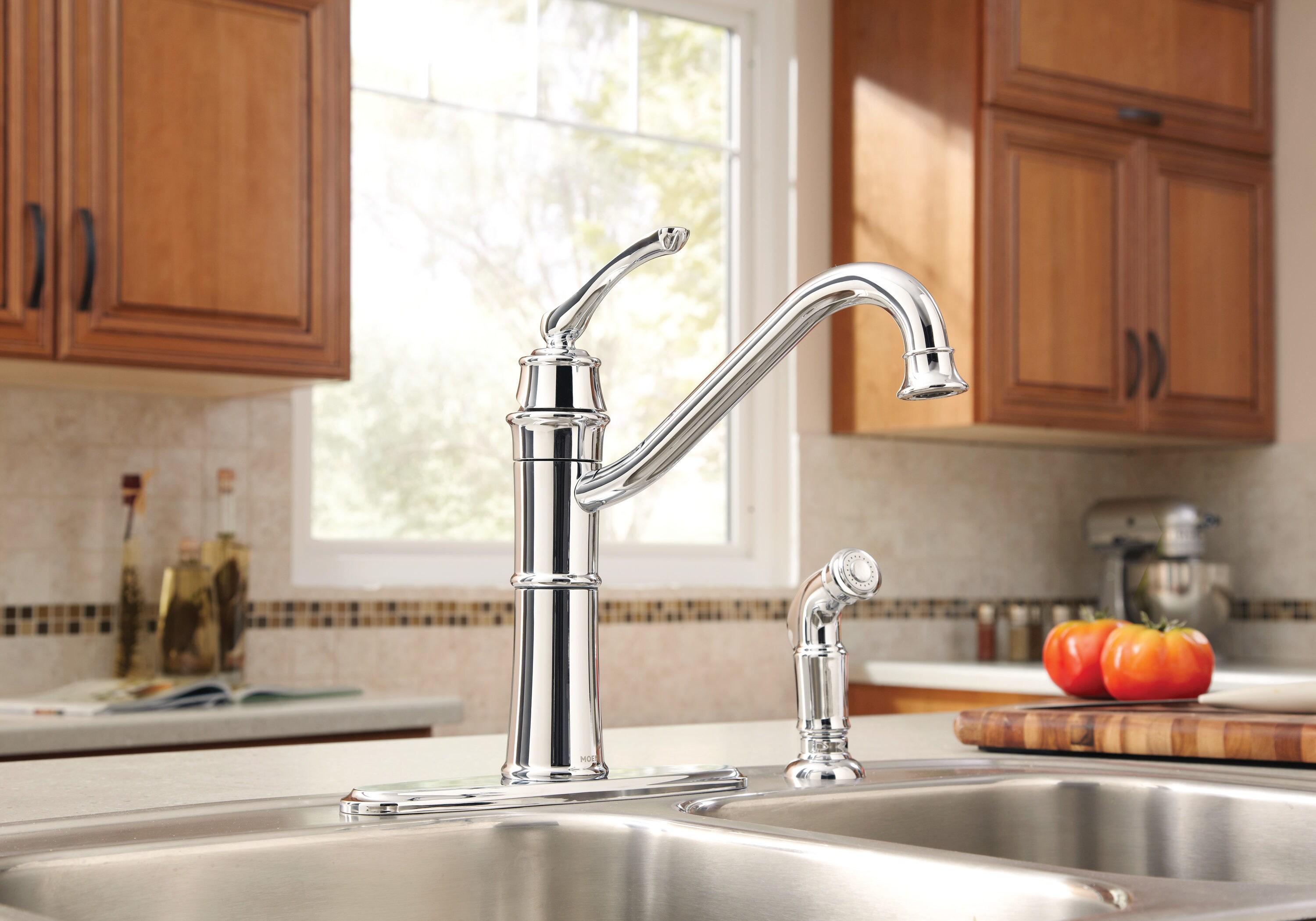 Moen Wetherly Chrome Single Handle High Arc Kitchen Faucet With Sprayer   08176395 