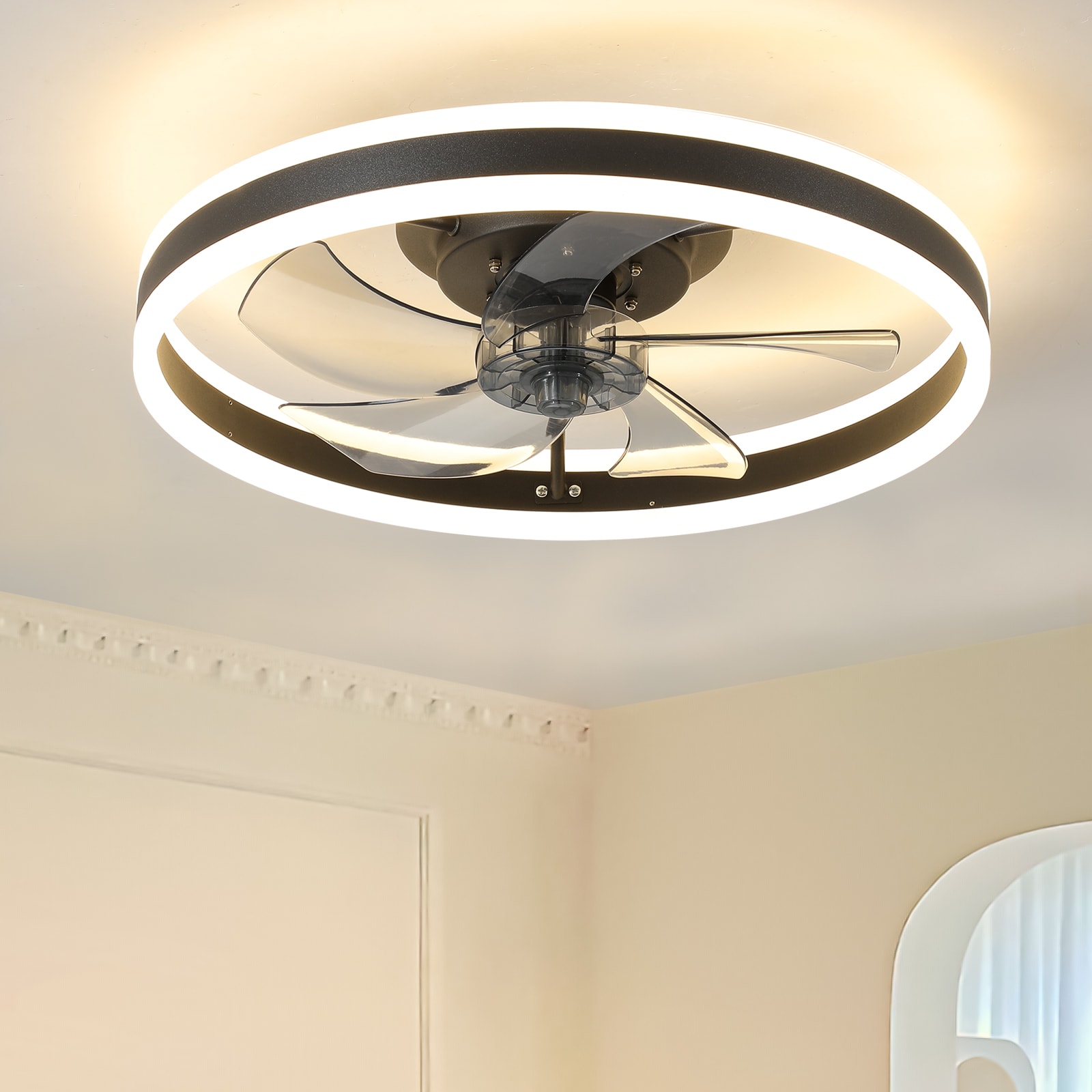 AAZJ LG-124205 19.7-in Color-Changing Integrated LED Flush Mount Black with Clear Blades Ceiling Fan With Light - Remote Included ( 5 -Blade )