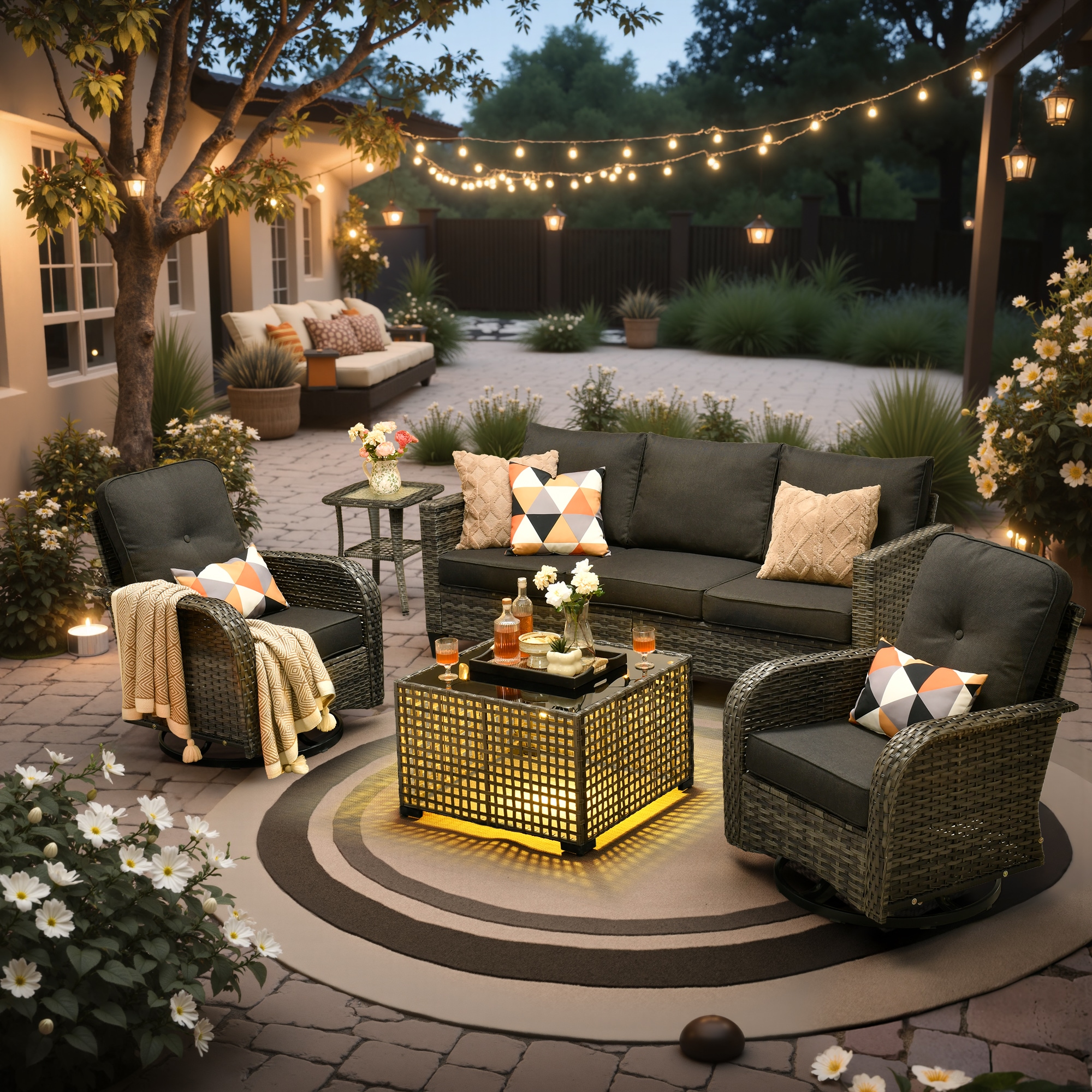 XIZZI XINGRS1052-T Sapphire 5 -Piece Rattan Patio Sofa Conversation Set with Black Cushions
