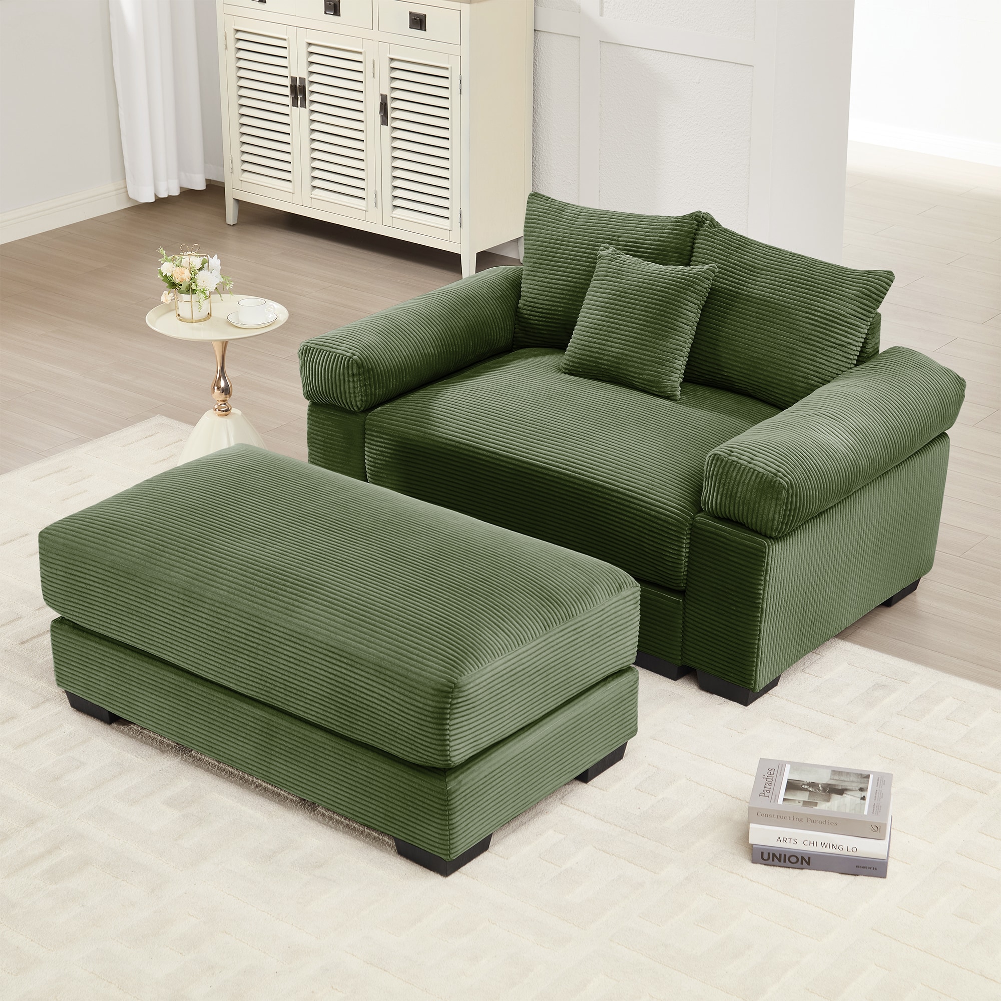 Homy Casa OCMSCB GR OCMSCB 54.3 in. Oversized Cloud Modular Sectional Couch Olive Green Corduroy Fabric with Chaise and Ottoman Ergonomic Design for Living Rooms and Bedrooms
