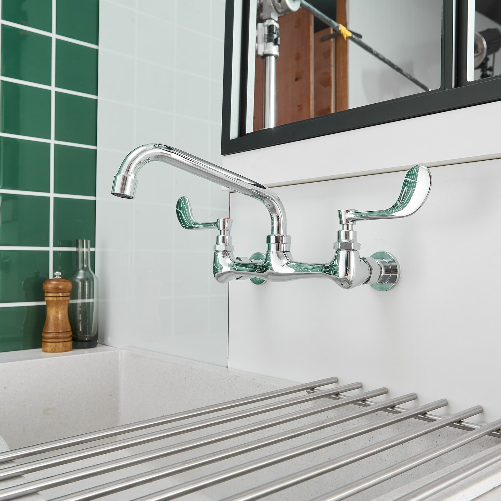 Polished Chrome Double Handle Wall Mount Kitchen Faucet