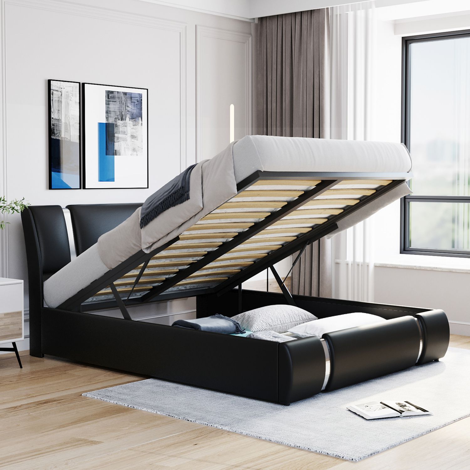 JASMODER LP000615AAB Black Queen Composite Platform Bed with Storage
