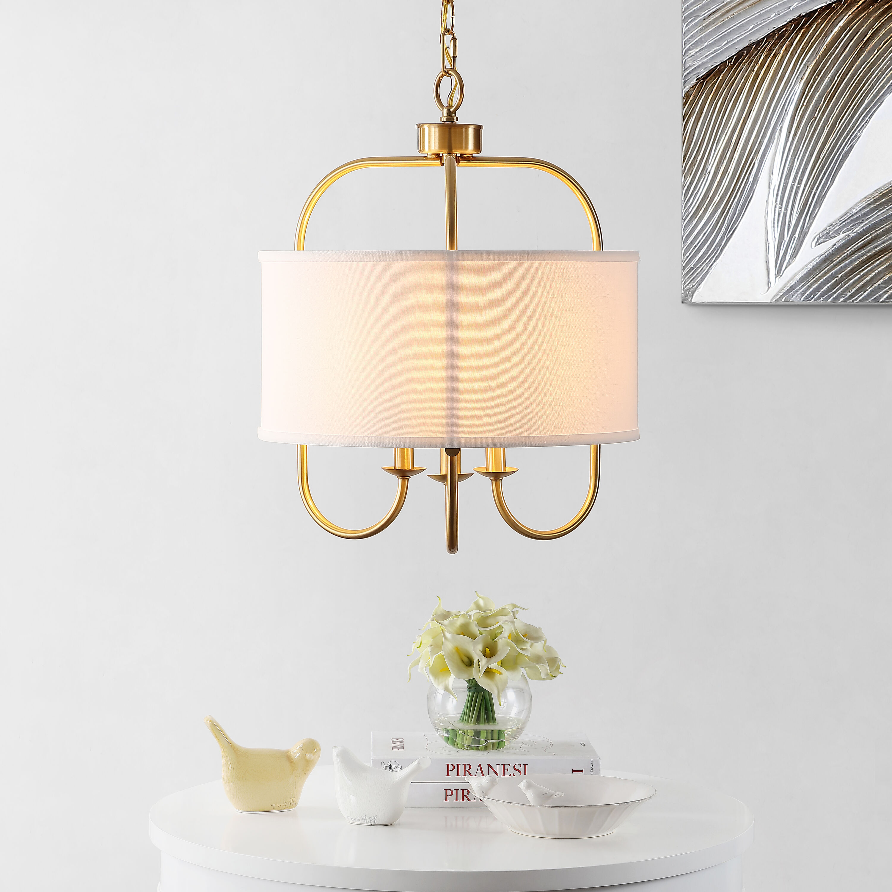 Jemmi 22" Gold Brass Drum Pendant with Off-White Shade and LED