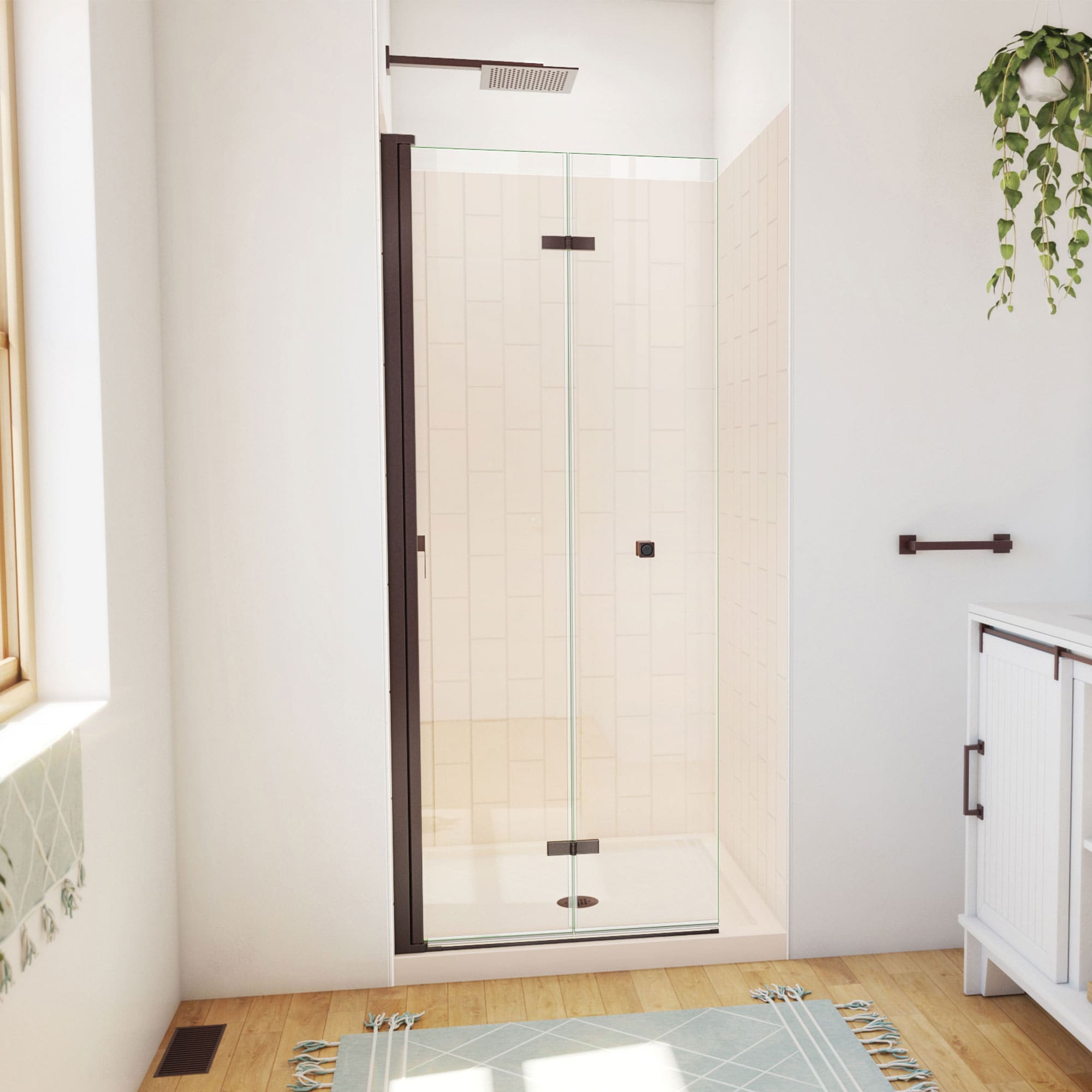 DreamLine DL-6527QC-22-06 Aqua-Q Fold 3 -Piece 32-in W x 32-in L x 77-in H Square Alcove shower kit ( Center Drain) Base, Wall, Door Oil rubbed bronze Hardware Included