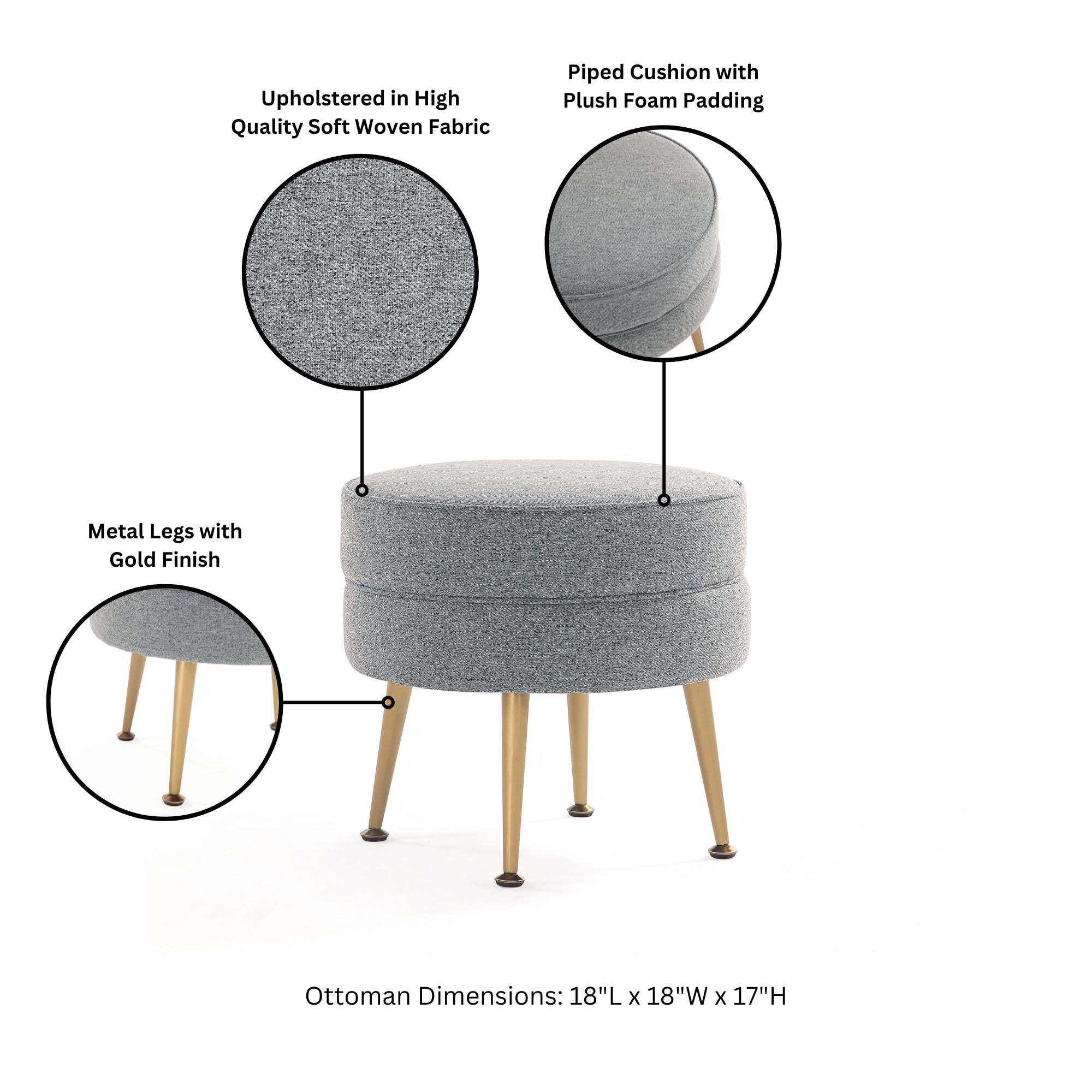 Bailey Round Gray Upholstered Ottoman with Gold Legs