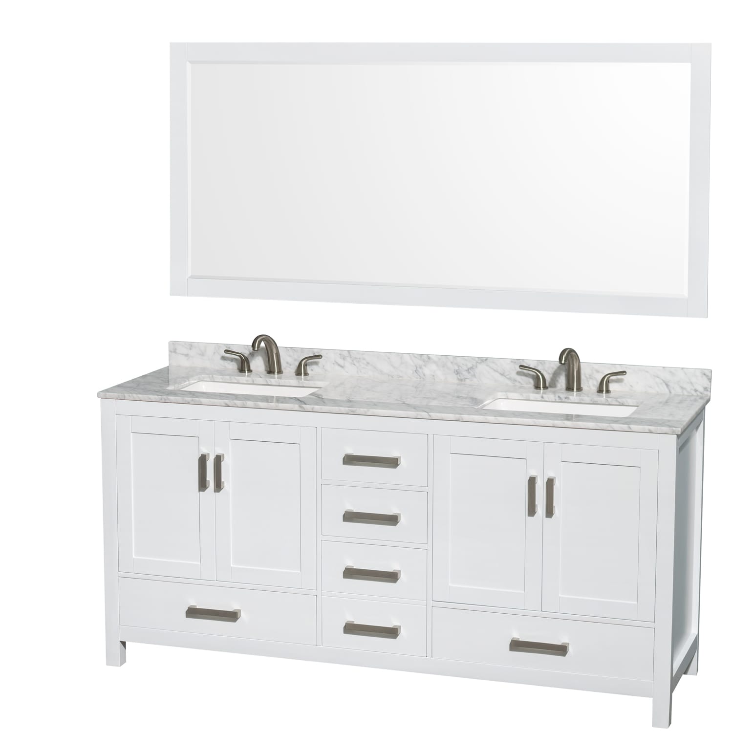Wyndham Collection WCS141472DWHCMUS3M70 Sheffield 72-in White Undermount Double Sink Bathroom Vanity with White Carrara Marble Top (Mirror Included)