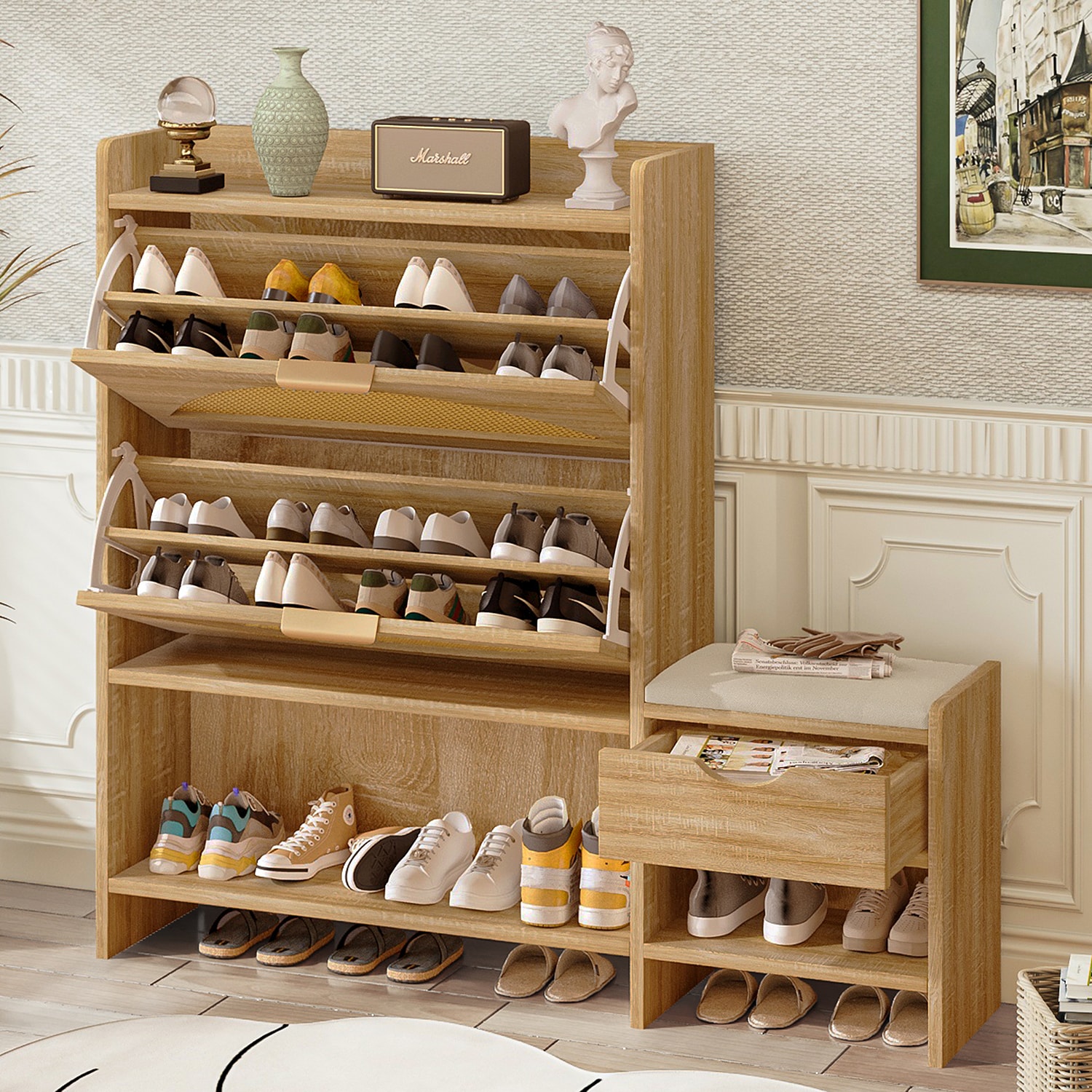 GZMR GZ-MH834109 44.9-in H 8 Tier 30 pair Light Brown MDF Shoe cabinet