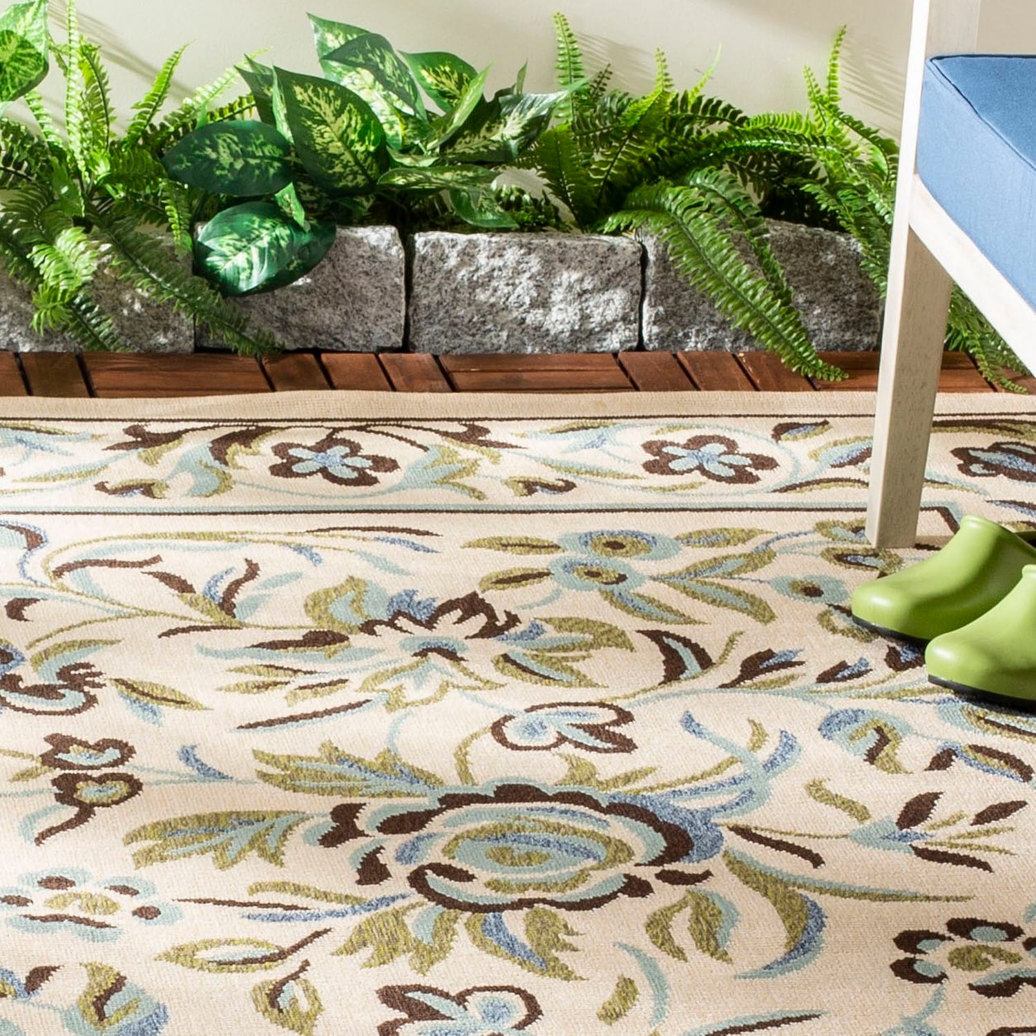 Cream and Green Floral Synthetic Square Area Rug