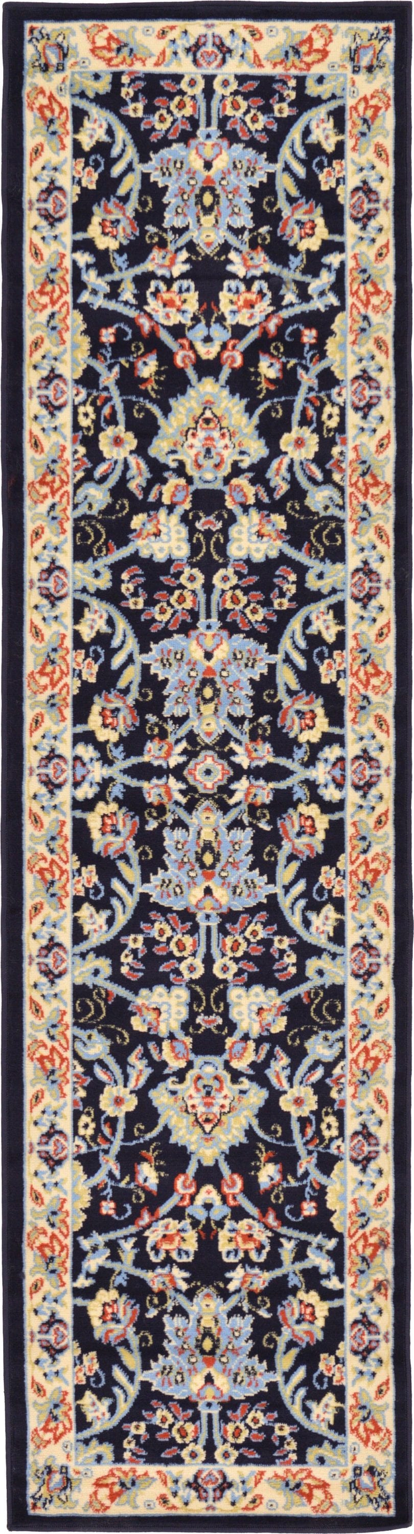 Unique Loom 3128769 Washington Sialk Hill 2 x 8 (ft) Loomed Polypropylene Navy Blue/Ivory Rectangular Indoor Floral/Botanical Vintage Runner rug
