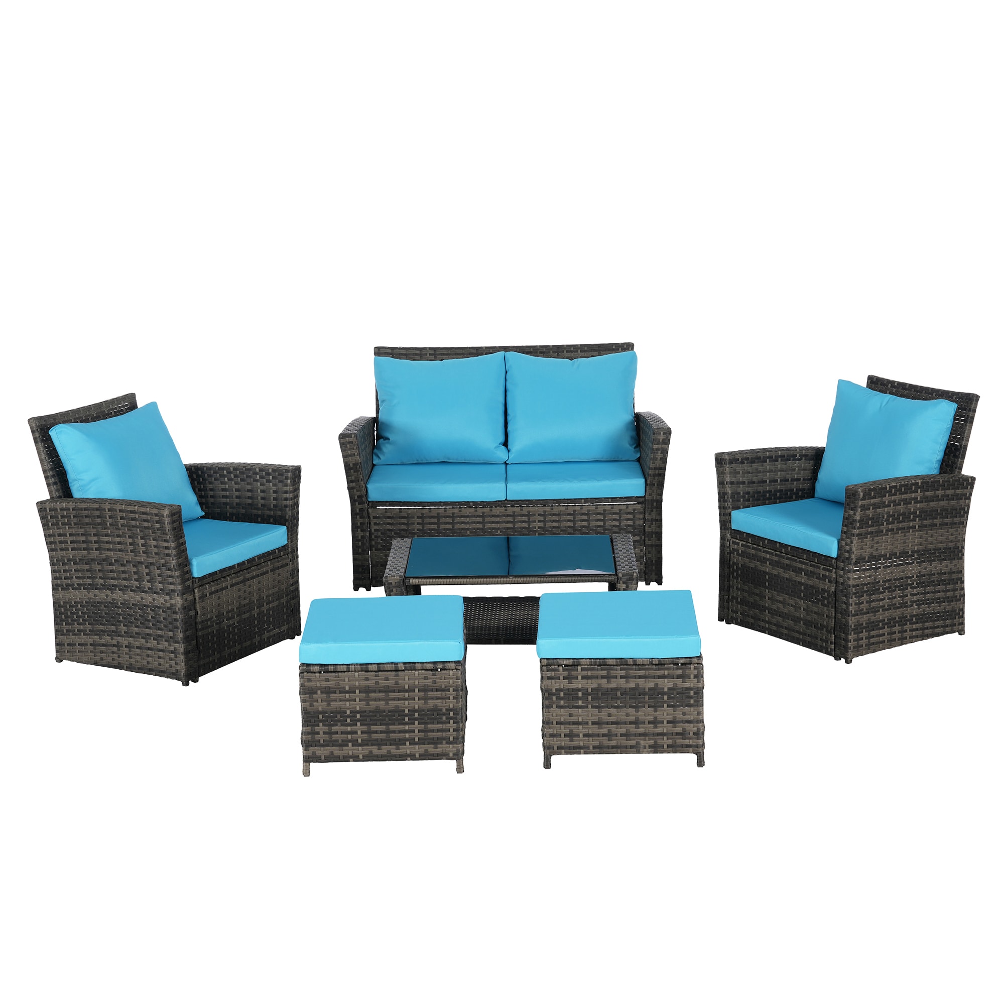 SINOFURN SYB670038BL 6 -Piece Wicker Patio Conversation Set with Blue Cushions