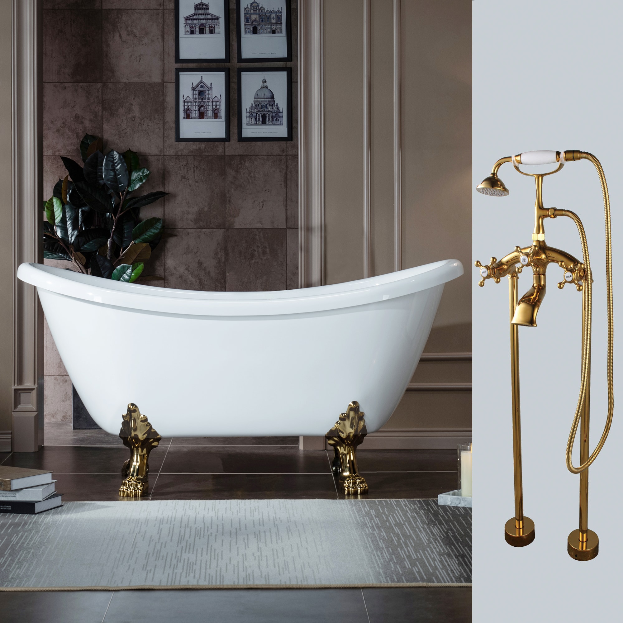 Roselyn 28.375-in x 59-in White with Gold Trim Acrylic Oval Clawfoot Soaking Bathtub with Faucet and Drain (Center Drain) | - Woodbridge LB221