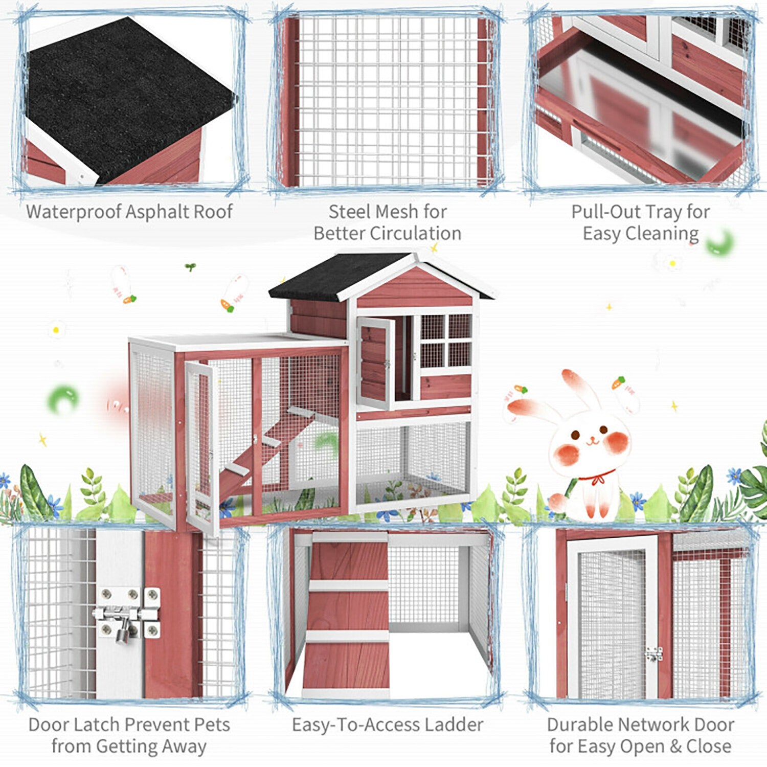 White and Red 2-Story Wooden Rabbit Hutch with Ramp