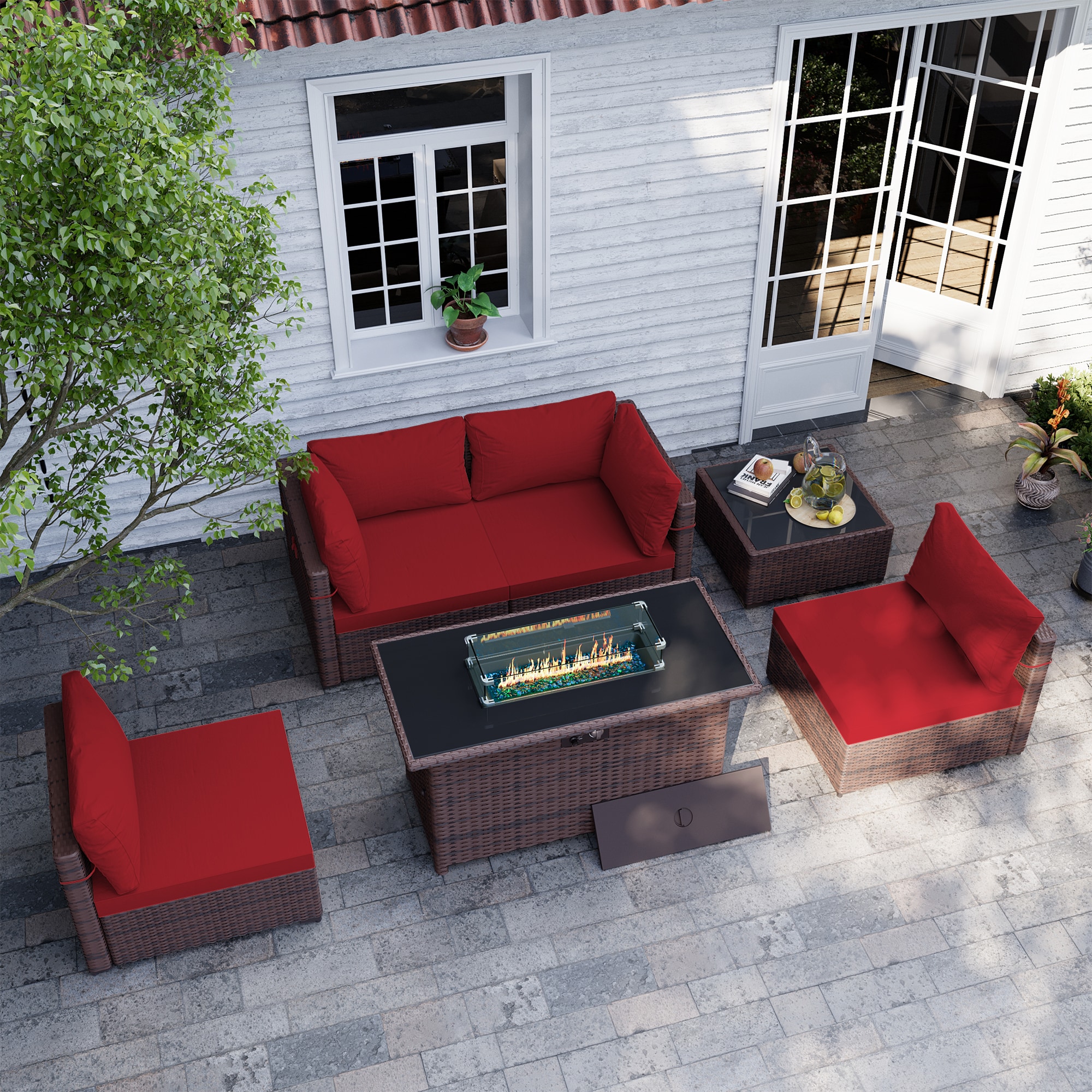 UPHA TBSF-AB43BR-RED 6 -Piece Wicker Patio Conversation Set with Red Cushions