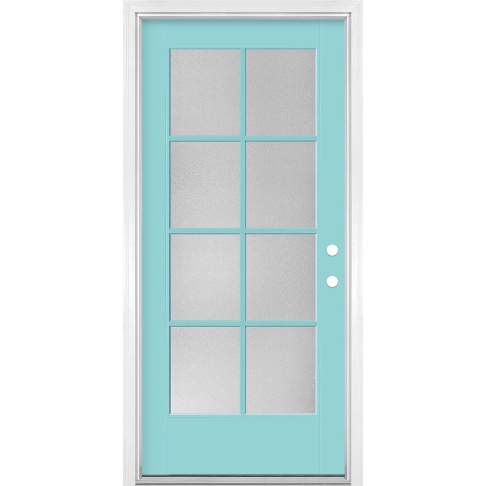 Masonite 1524473 36-in x 80-in x 4-9/16-in Fiberglass Full lite Right-hand inswing Caribbean Blue Painted Prehung Single door Front Door with Brickmould Insulating core Simulated divided light