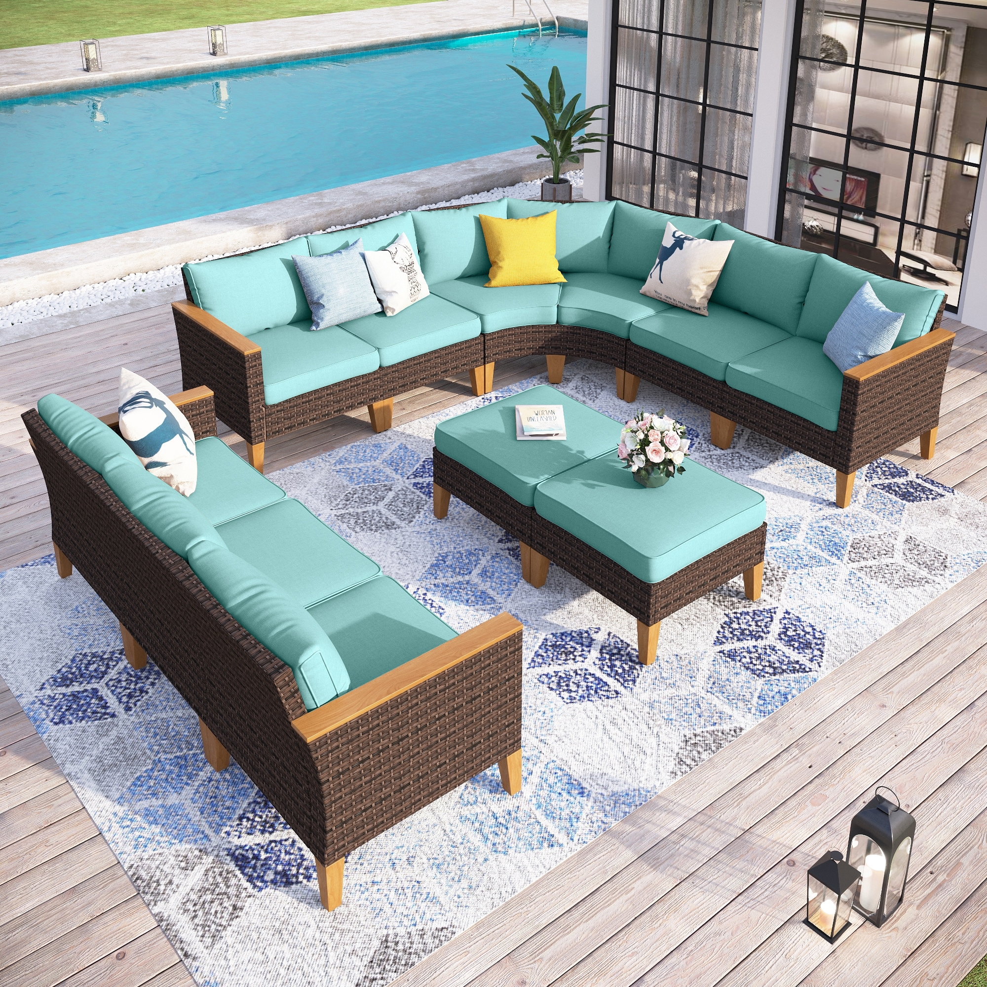 Sunshine Valley CR006-19-11-BU 10 -Piece Wicker Patio Sofa Conversation Set with Blue CUSHION PRO Cushions