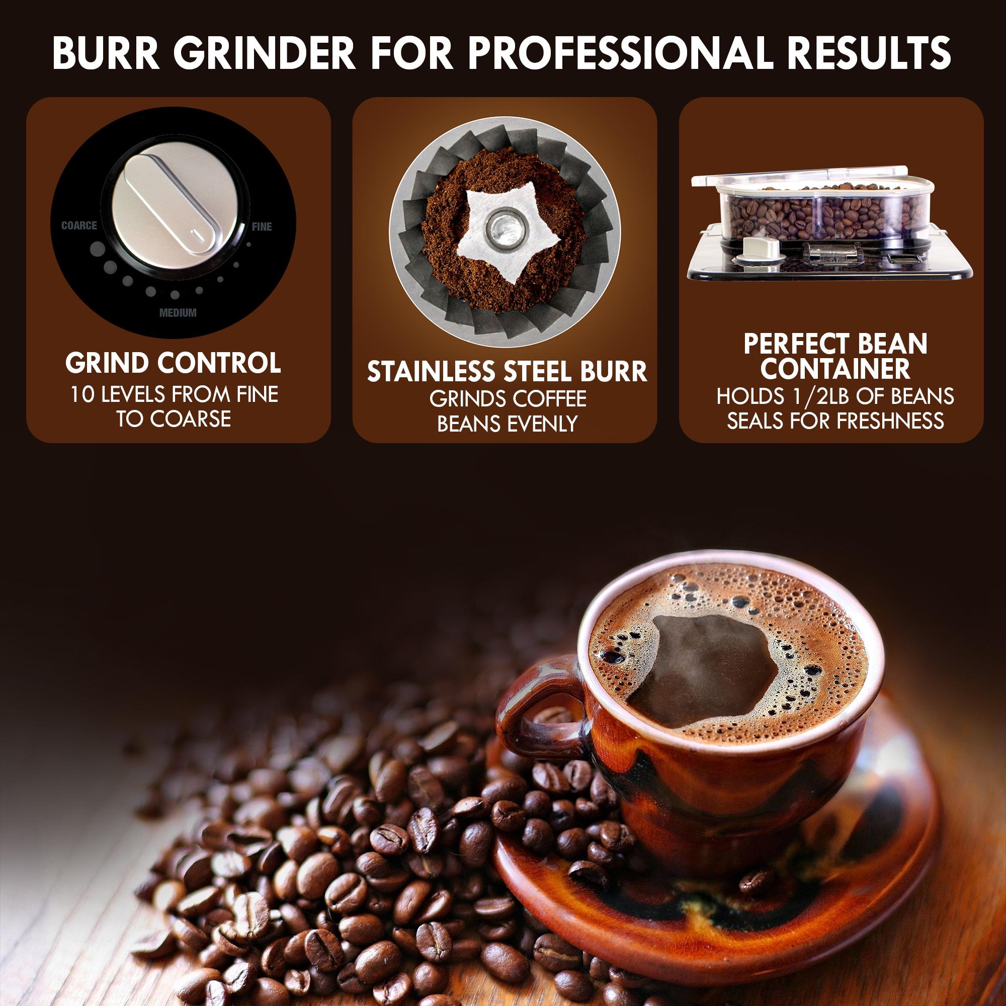 Mr. Coffee Burr Coffee Grinder, Automatic Grinder with 18 Presets for  French Press, Drip Coffee, and Espresso, 18-Cup Capacity, Stainless Steel