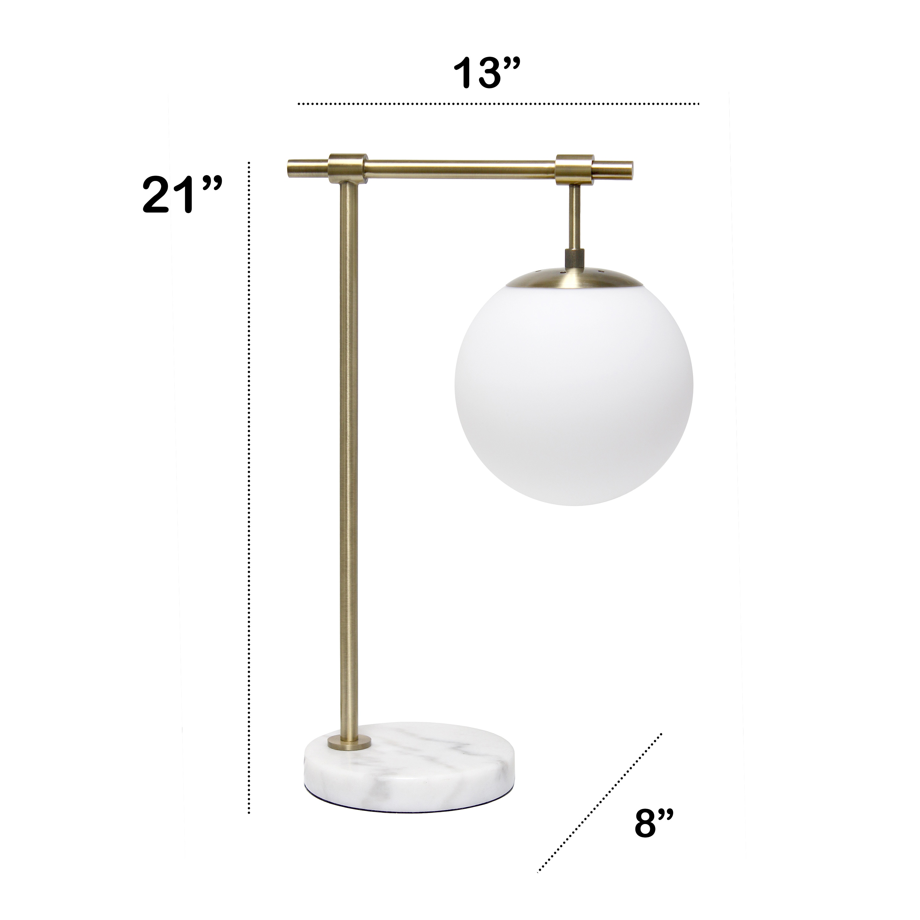 21" White Globe Shade Table Lamp with Marble Base and Brass Arm