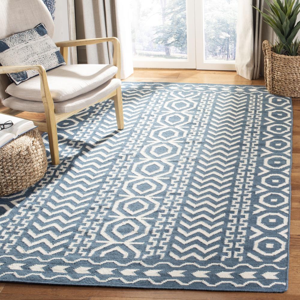 Dark Blue and Ivory Geometric Wool Cotton Area Rug, 6' x 9'